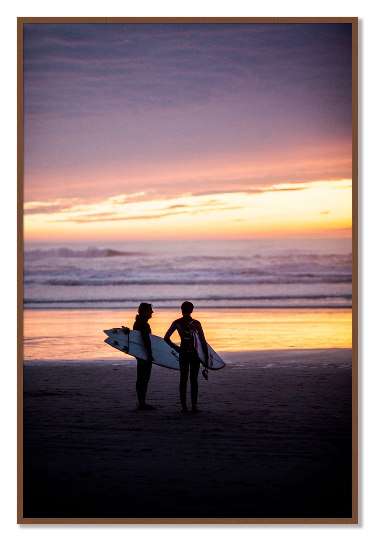 Framed photograph of Ocean Beach Vibes by Dylan Ozanich, Walnut frame, Full Bleed