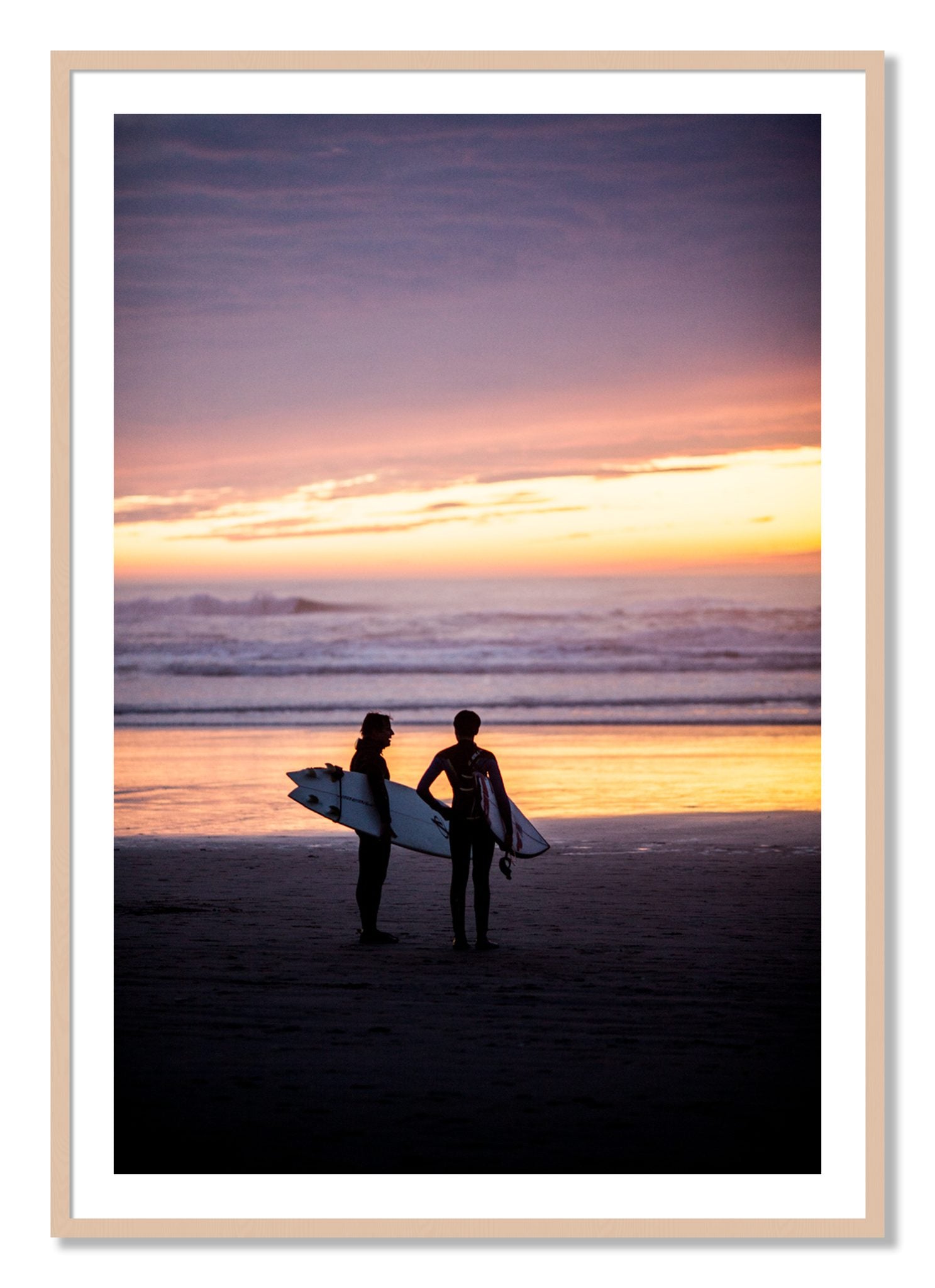 Framed photograph of Ocean Beach Vibes by Dylan Ozanich, Maple frame, Borders