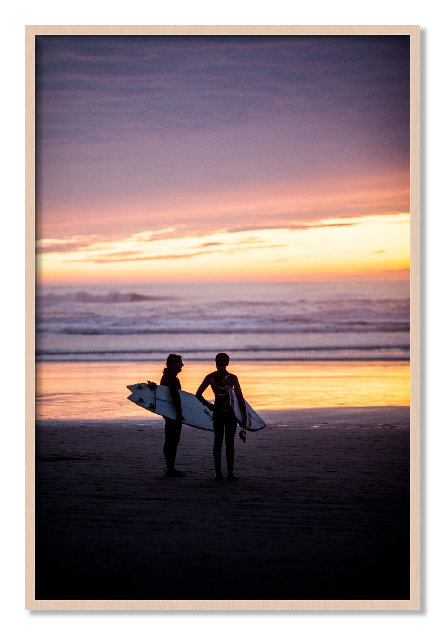 Framed photograph of Ocean Beach Vibes by Dylan Ozanich, Maple frame, Full Bleed