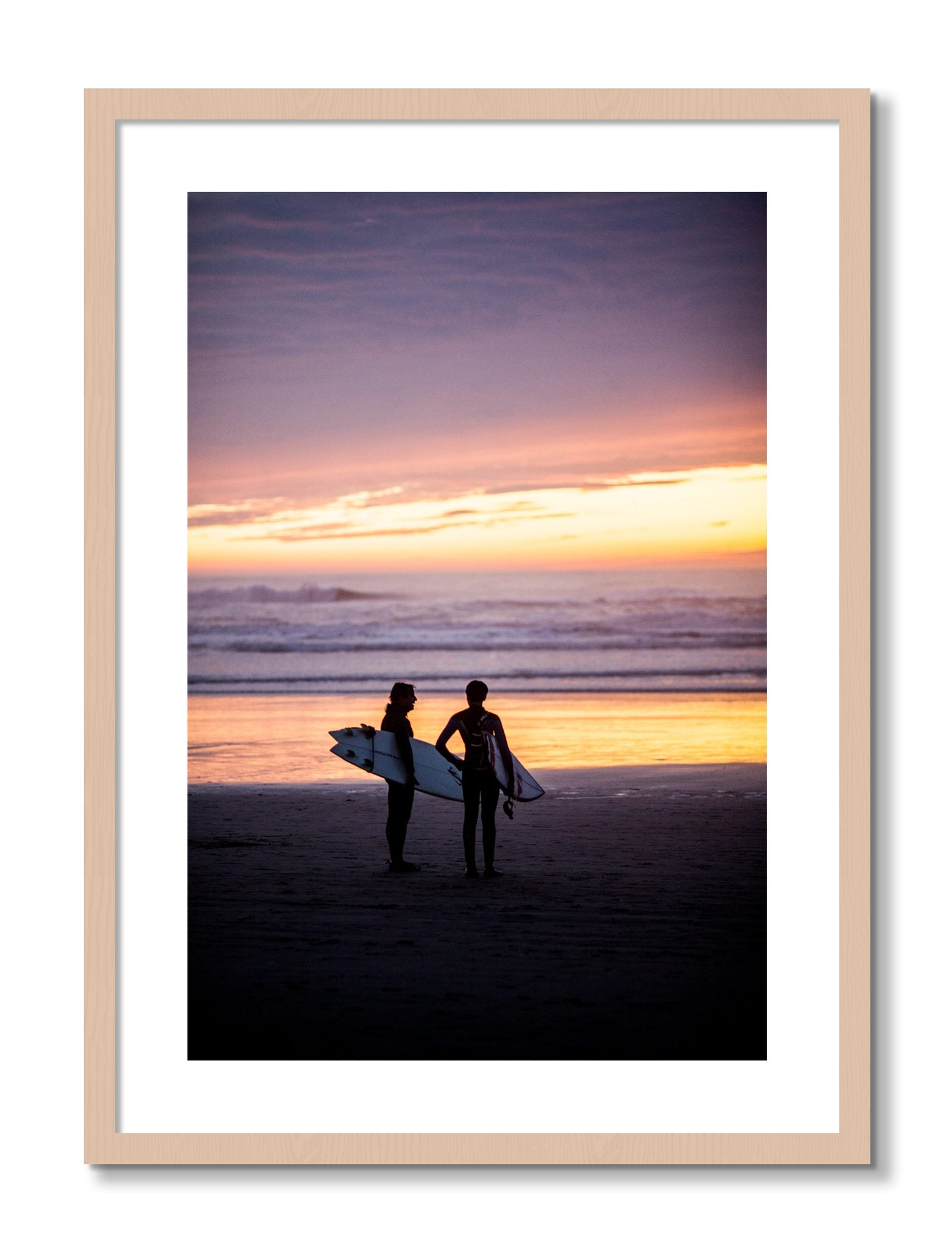 Framed photograph of Ocean Beach Vibes by Dylan Ozanich, Maple frame, Borders