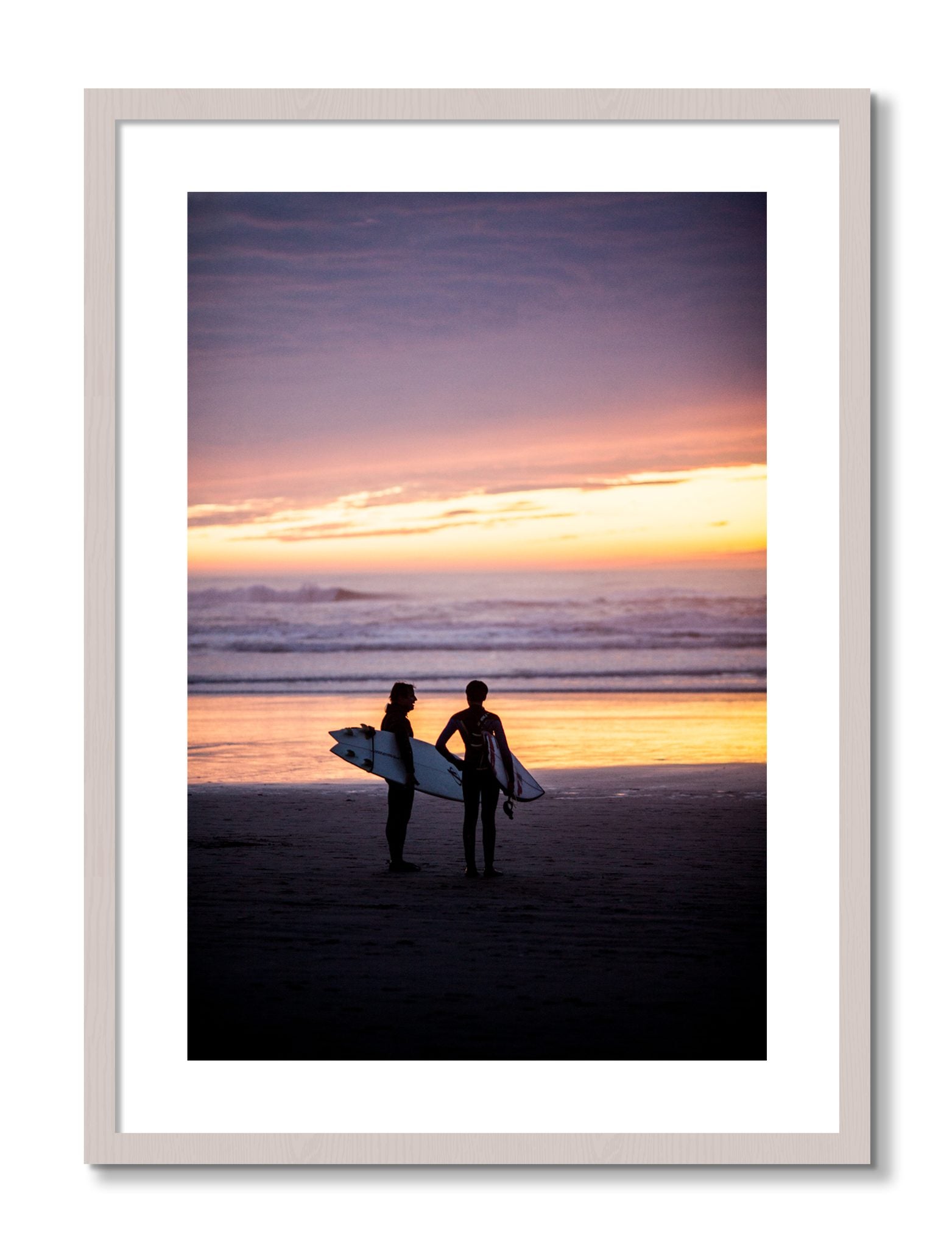 Framed photograph of Ocean Beach Vibes by Dylan Ozanich, White Maple frame, Borders