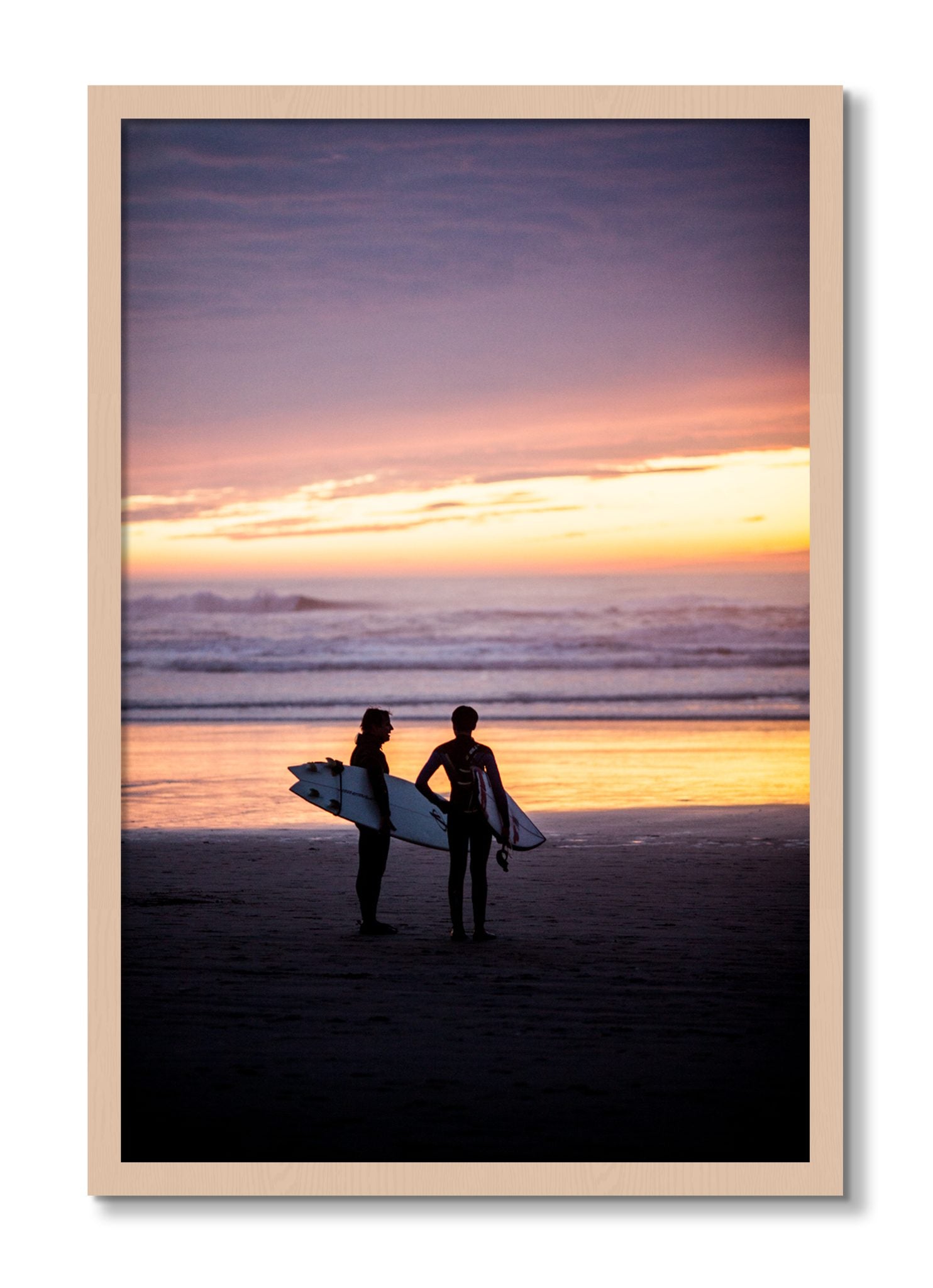 Framed photograph of Ocean Beach Vibes by Dylan Ozanich, Maple frame, Full Bleed