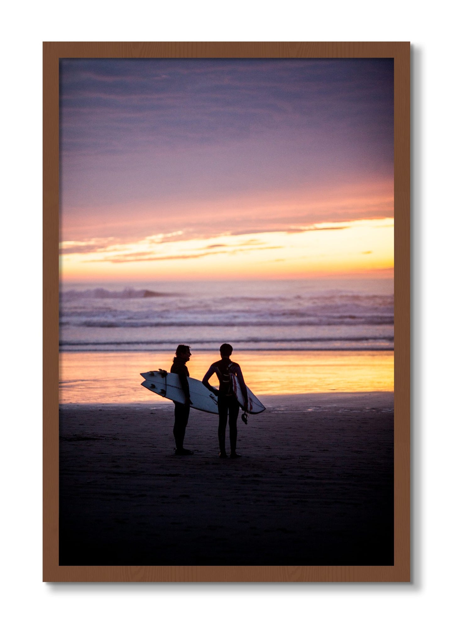 Framed photograph of Ocean Beach Vibes by Dylan Ozanich, Walnut frame, Full Bleed