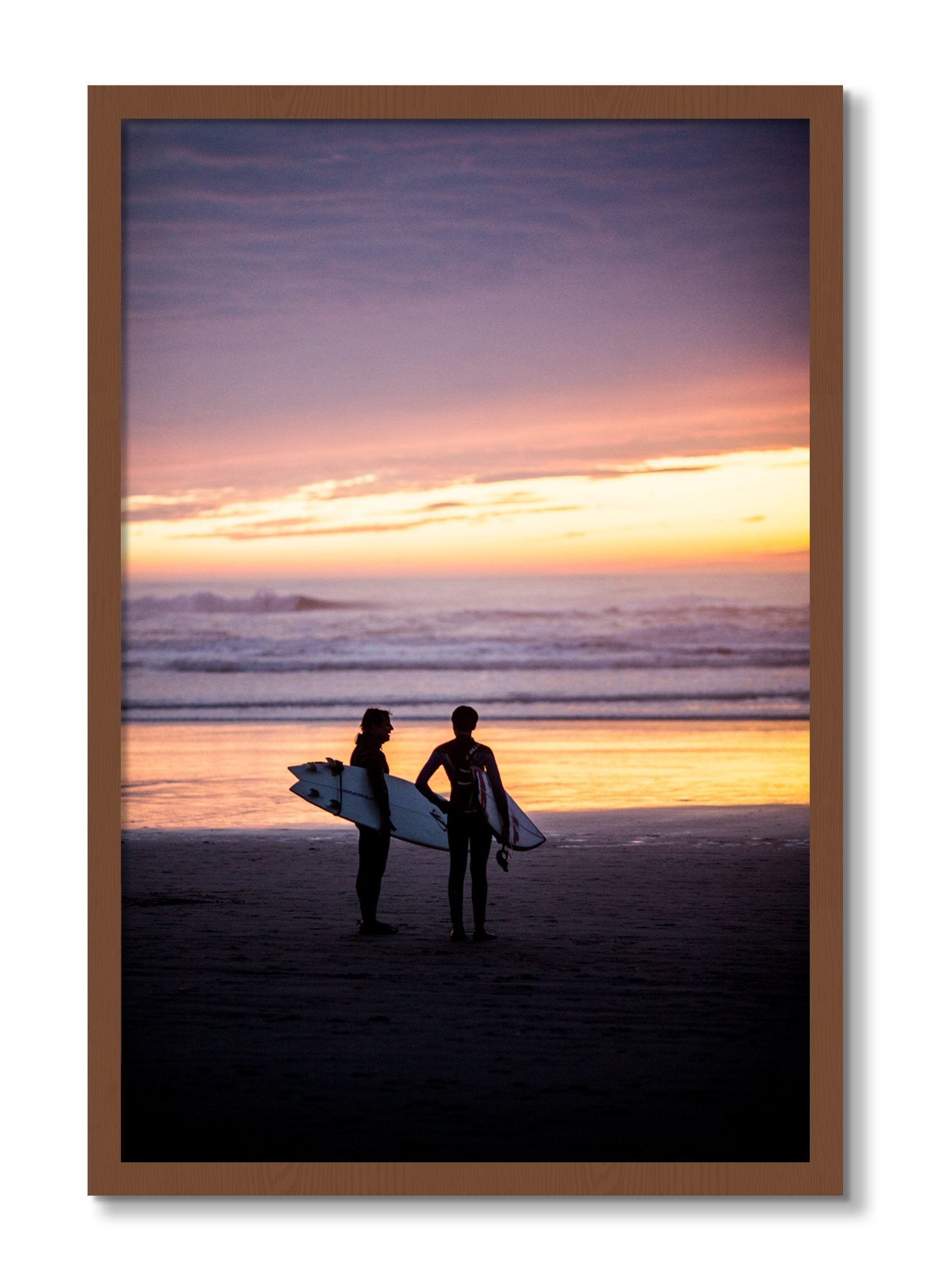 Framed photograph of Ocean Beach Vibes by Dylan Ozanich, Walnut frame, Full Bleed