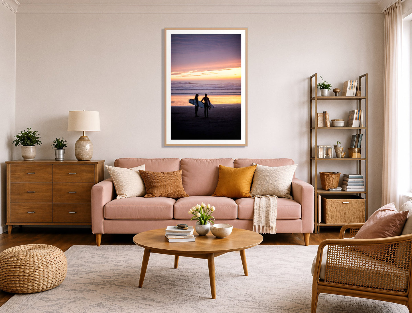 Ocean Beach Vibes by Dylan Ozanich in an Oak frame, above a blush pink sofa in a warm, eclectic living room