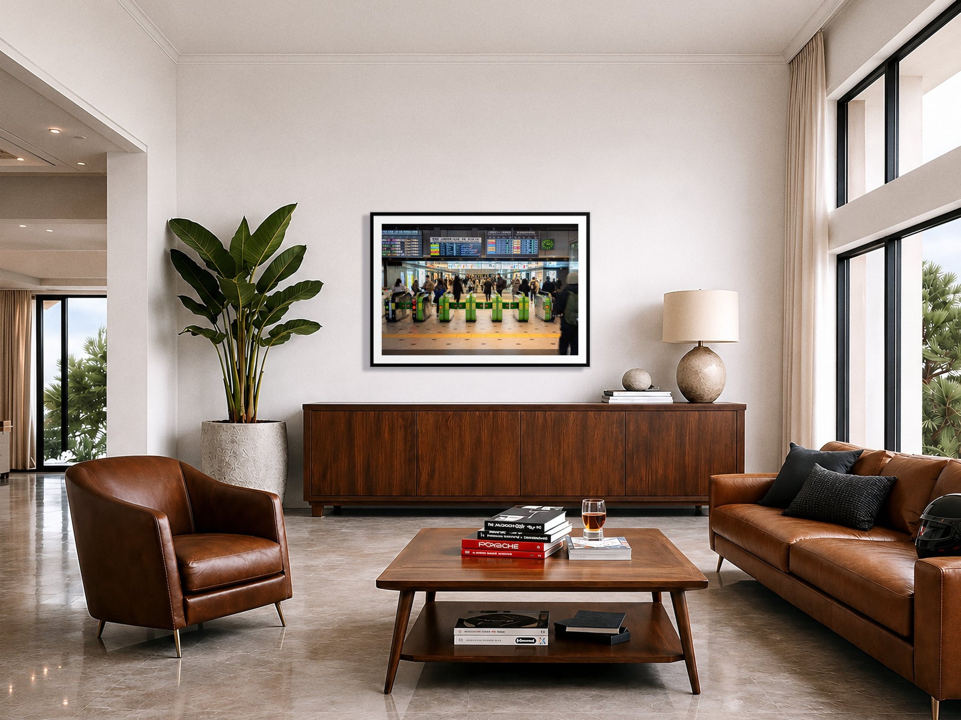 On Time by Dylan Ozanich in a Black frame, above a walnut credenza in a modern living room with polished stone floors