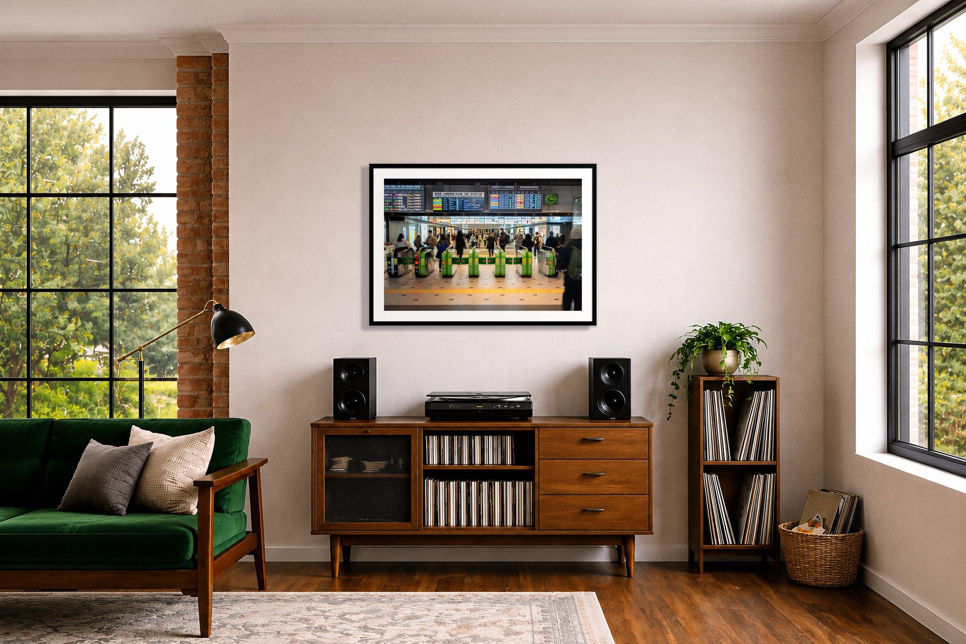 On Time by Dylan Ozanich in a Black frame, above a record credenza in a listening room with a green velvet sofa