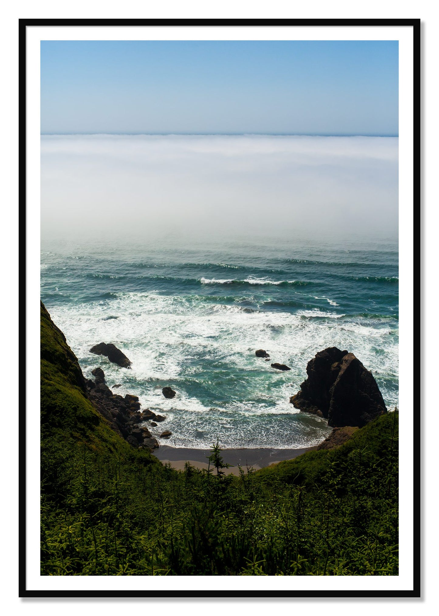 Oregon Coast by Dylan Ozanich, 48×72 print with a White Border in a Black frame