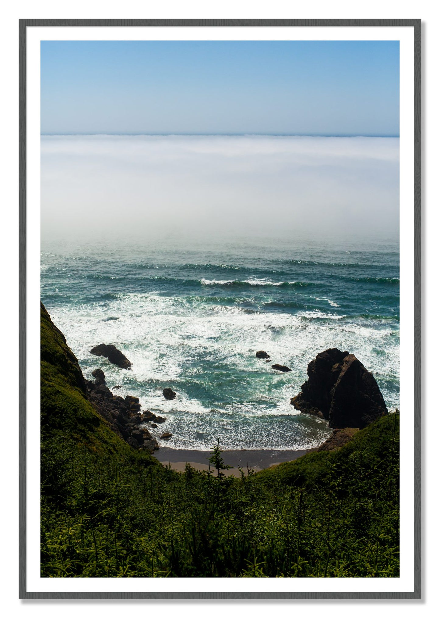 Oregon Coast by Dylan Ozanich, 48×72 print with a White Border in a Grey frame