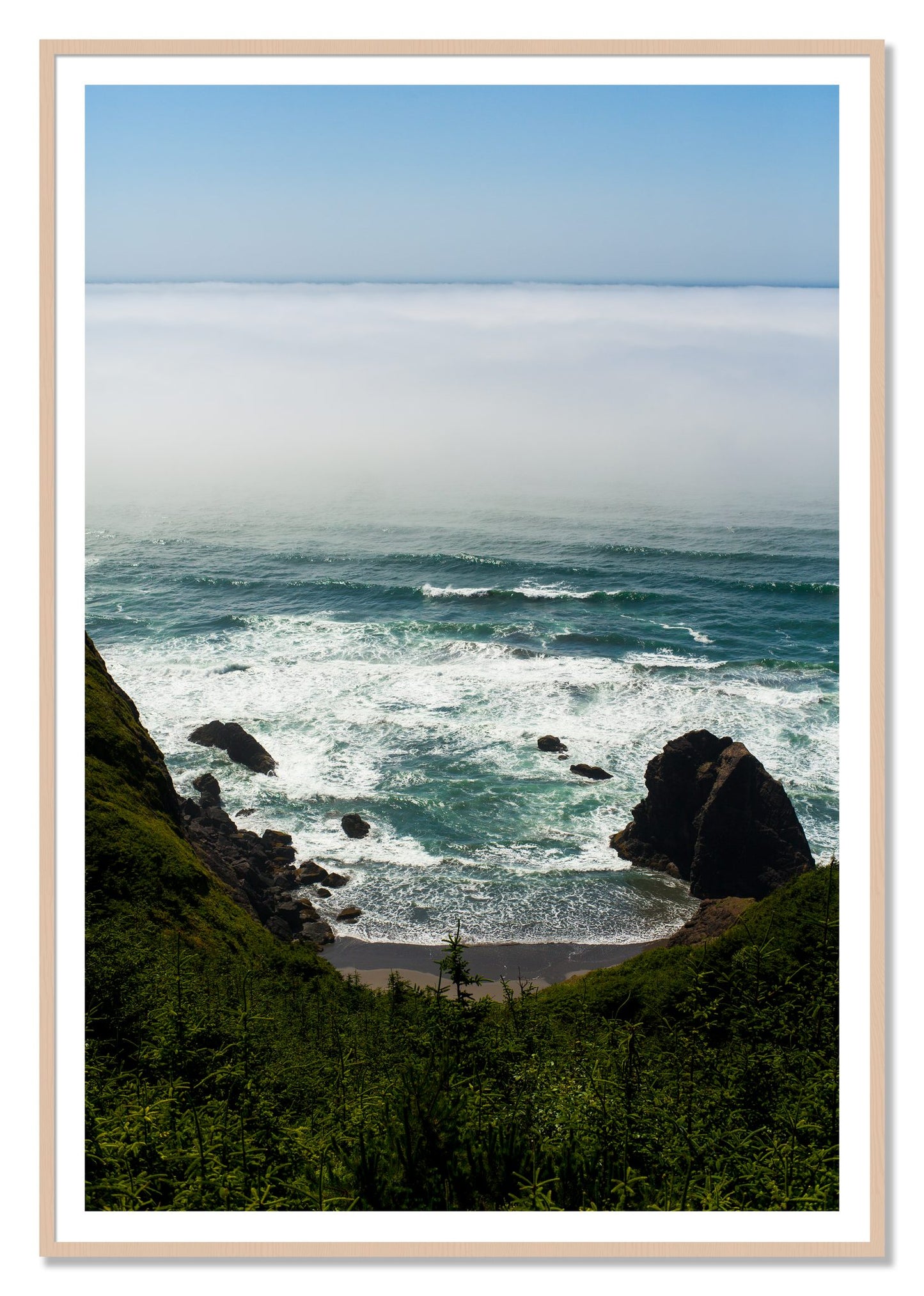 Oregon Coast by Dylan Ozanich, 48×72 print with a White Border in a Maple frame