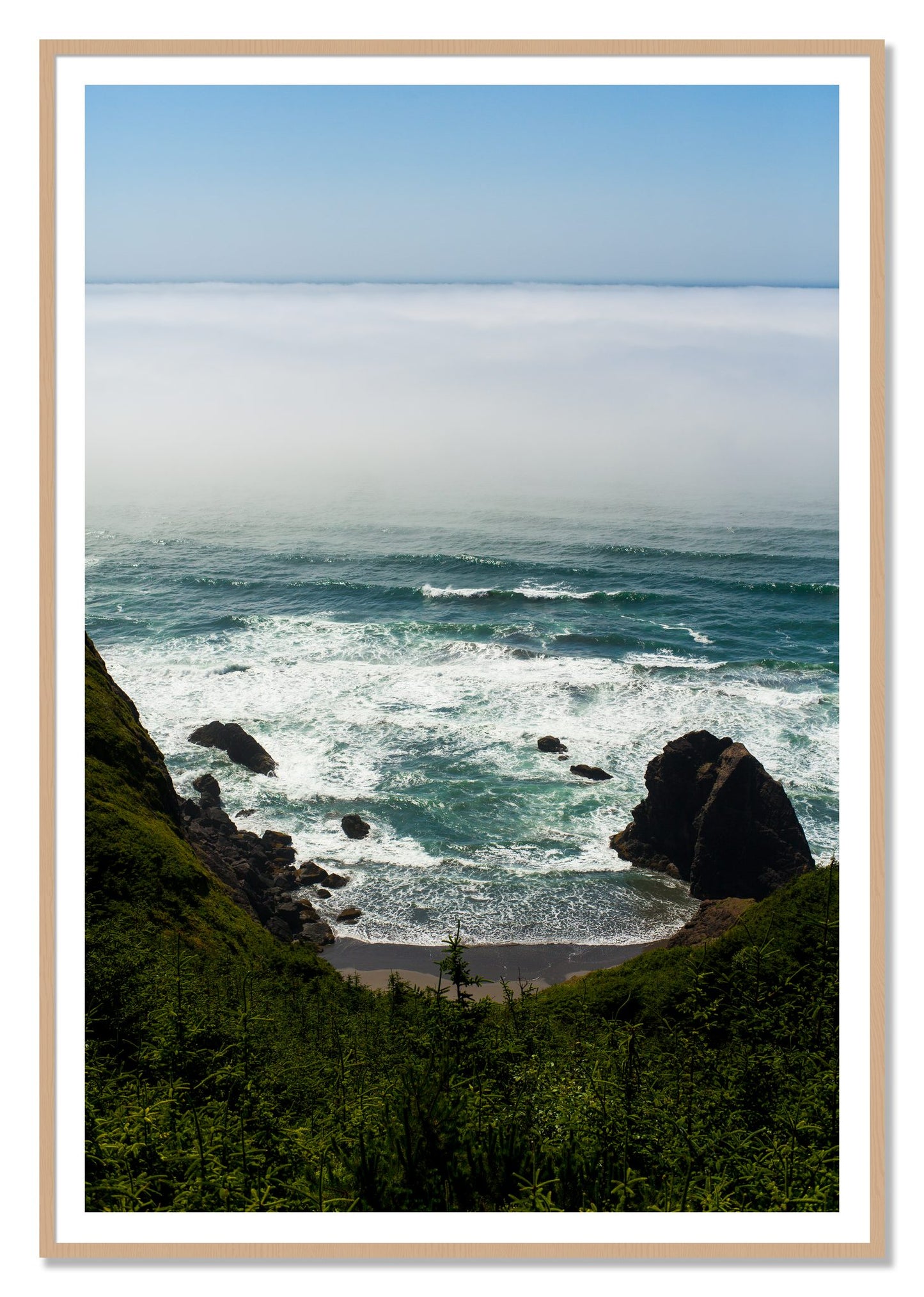 Oregon Coast by Dylan Ozanich, 48×72 print with a White Border in an Oak frame