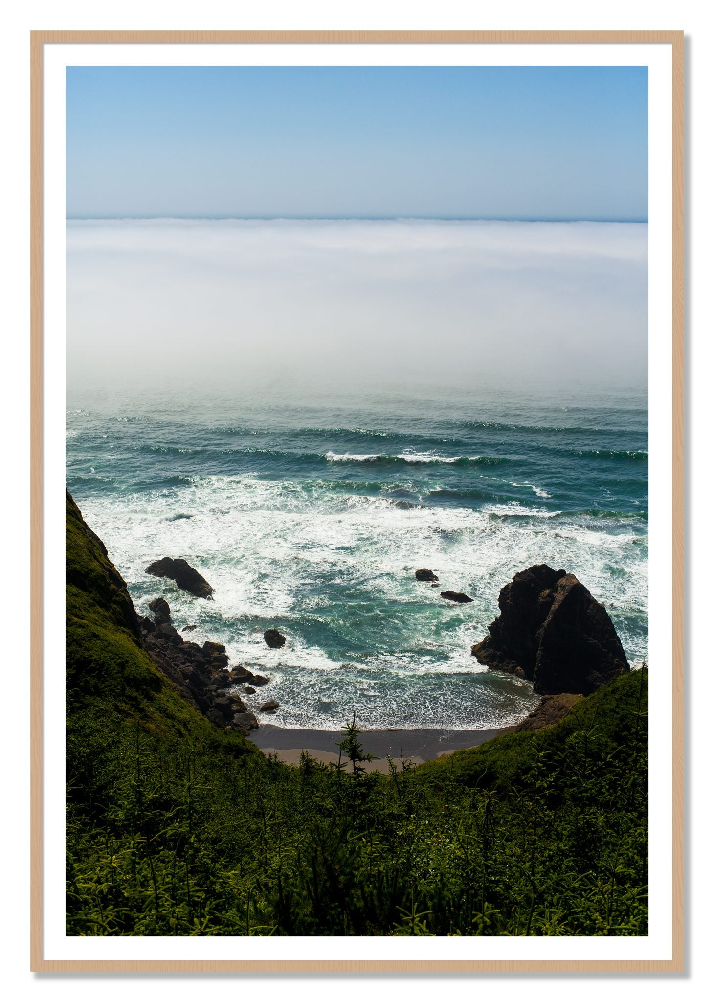 Oregon Coast by Dylan Ozanich, 48×72 print with a White Border in an Oak frame