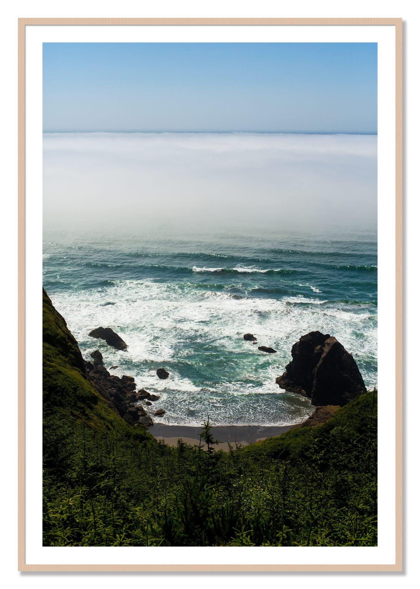 Framed photograph of Oregon Coast by Dylan Ozanich, Maple frame, Borders