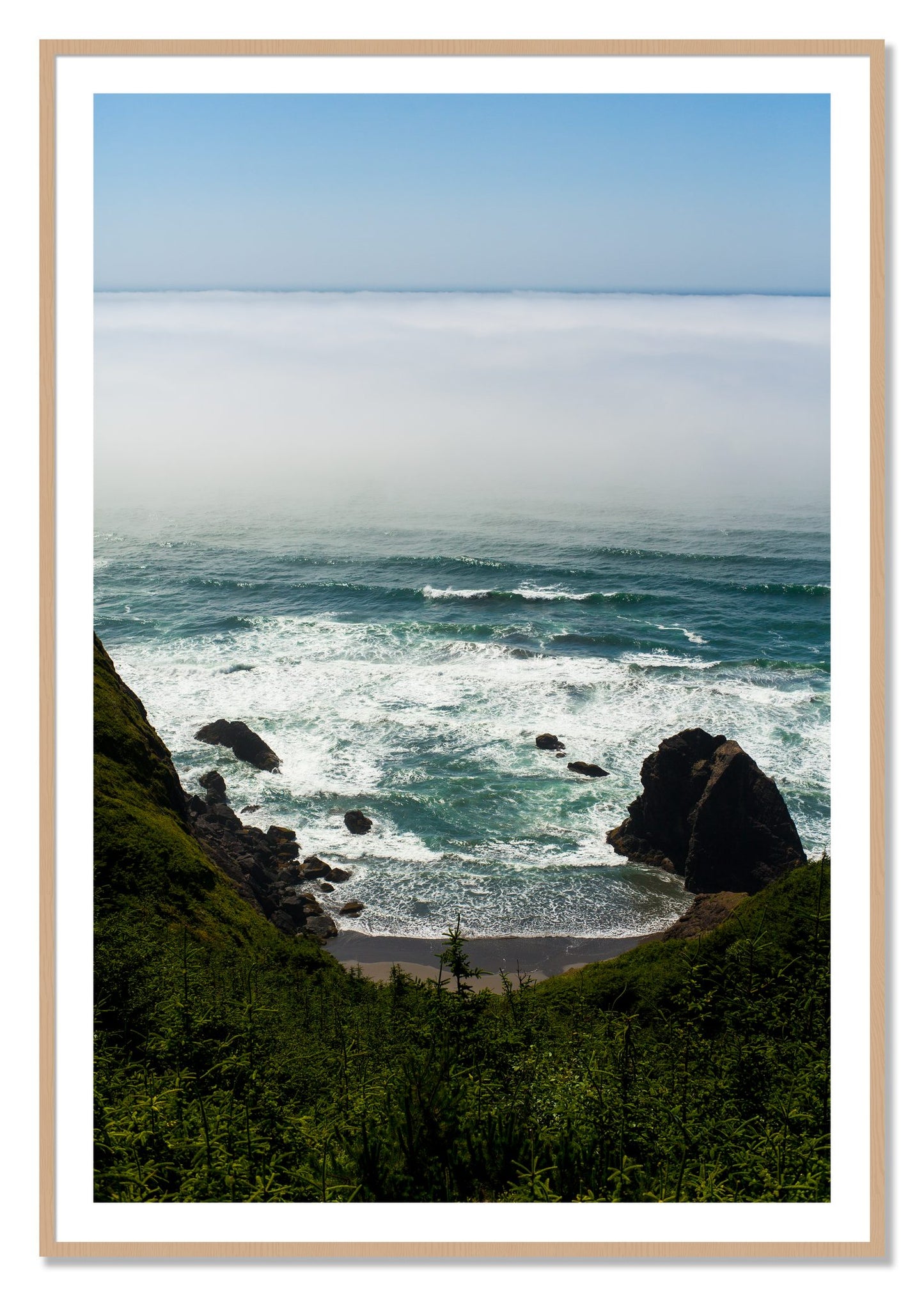Framed photograph of Oregon Coast by Dylan Ozanich, Oak frame, Borders