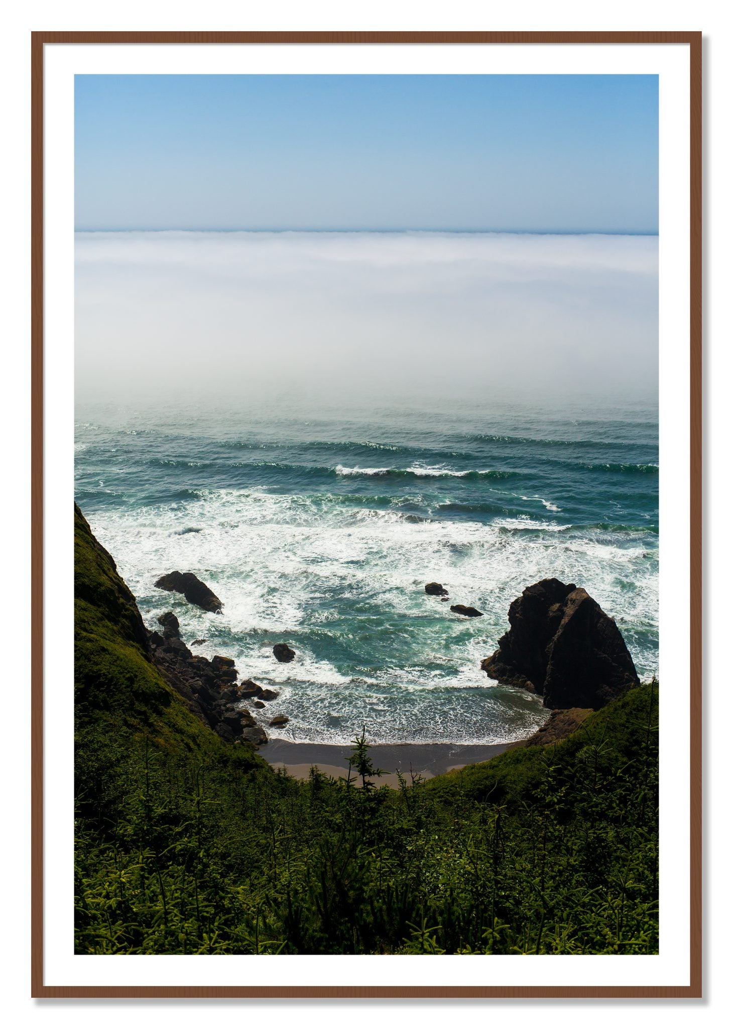 Framed photograph of Oregon Coast by Dylan Ozanich, Walnut frame, Borders