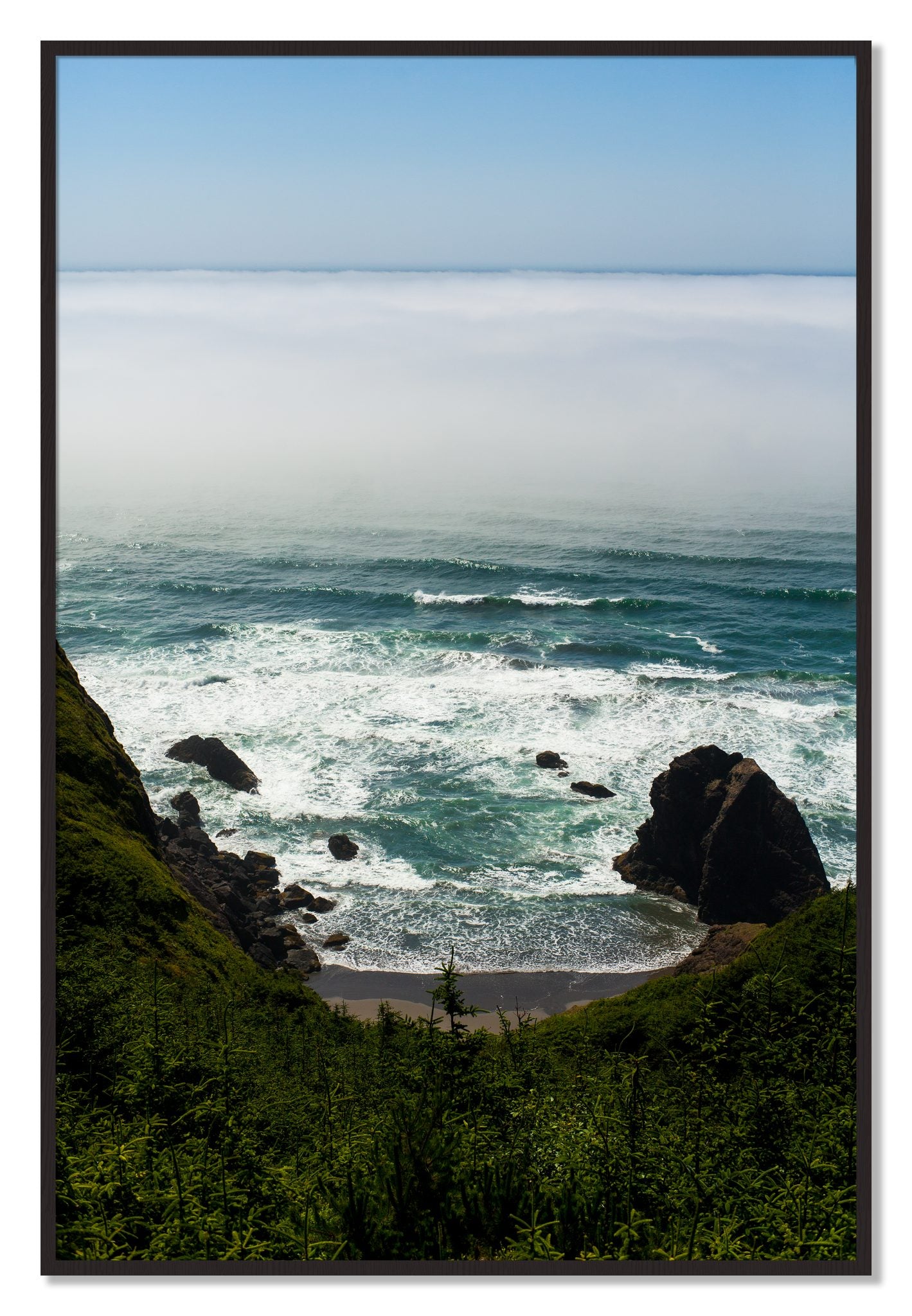 Framed photograph of Oregon Coast by Dylan Ozanich, Black Walnut frame, Full Bleed