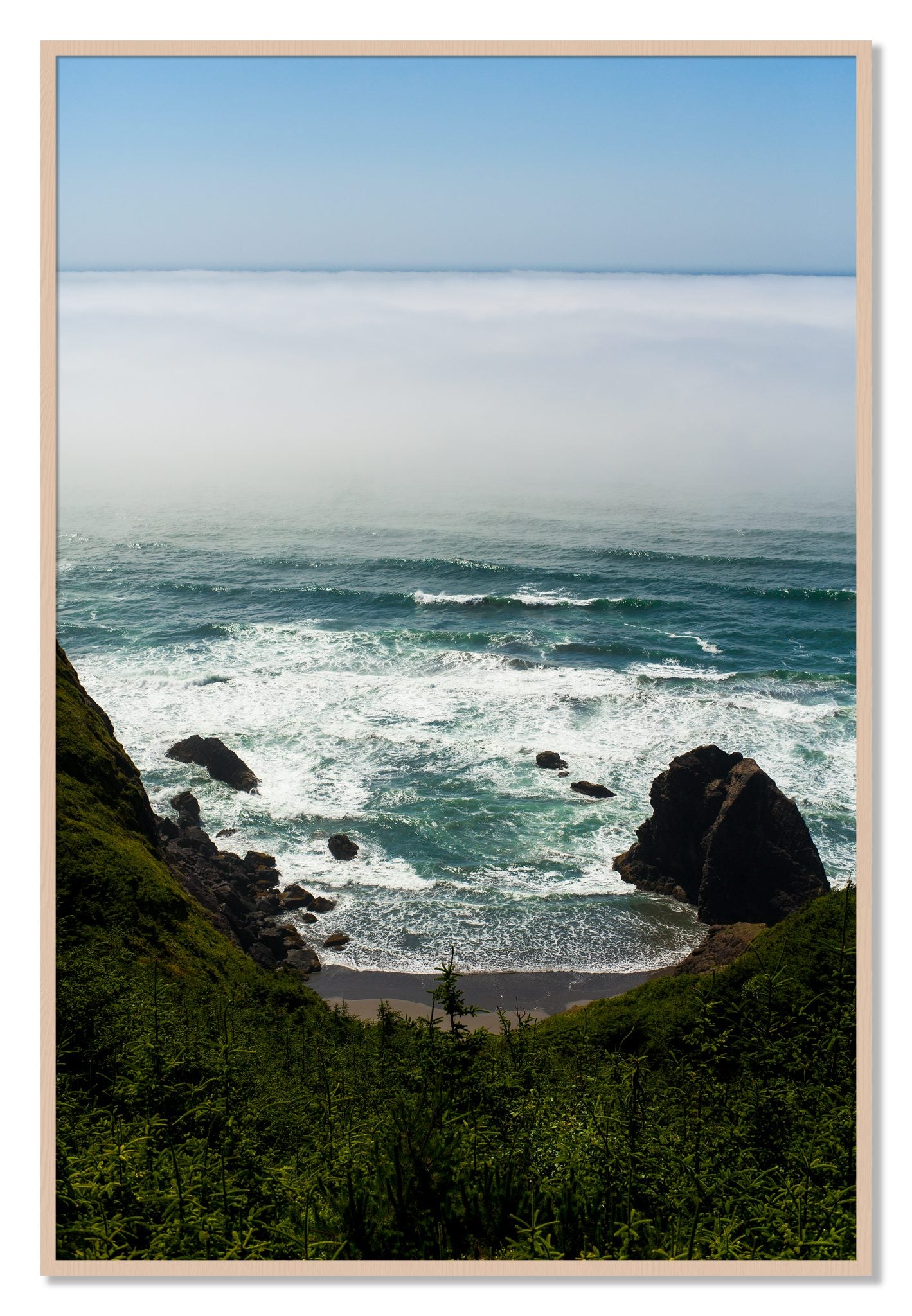Framed photograph of Oregon Coast by Dylan Ozanich, Maple frame, Full Bleed
