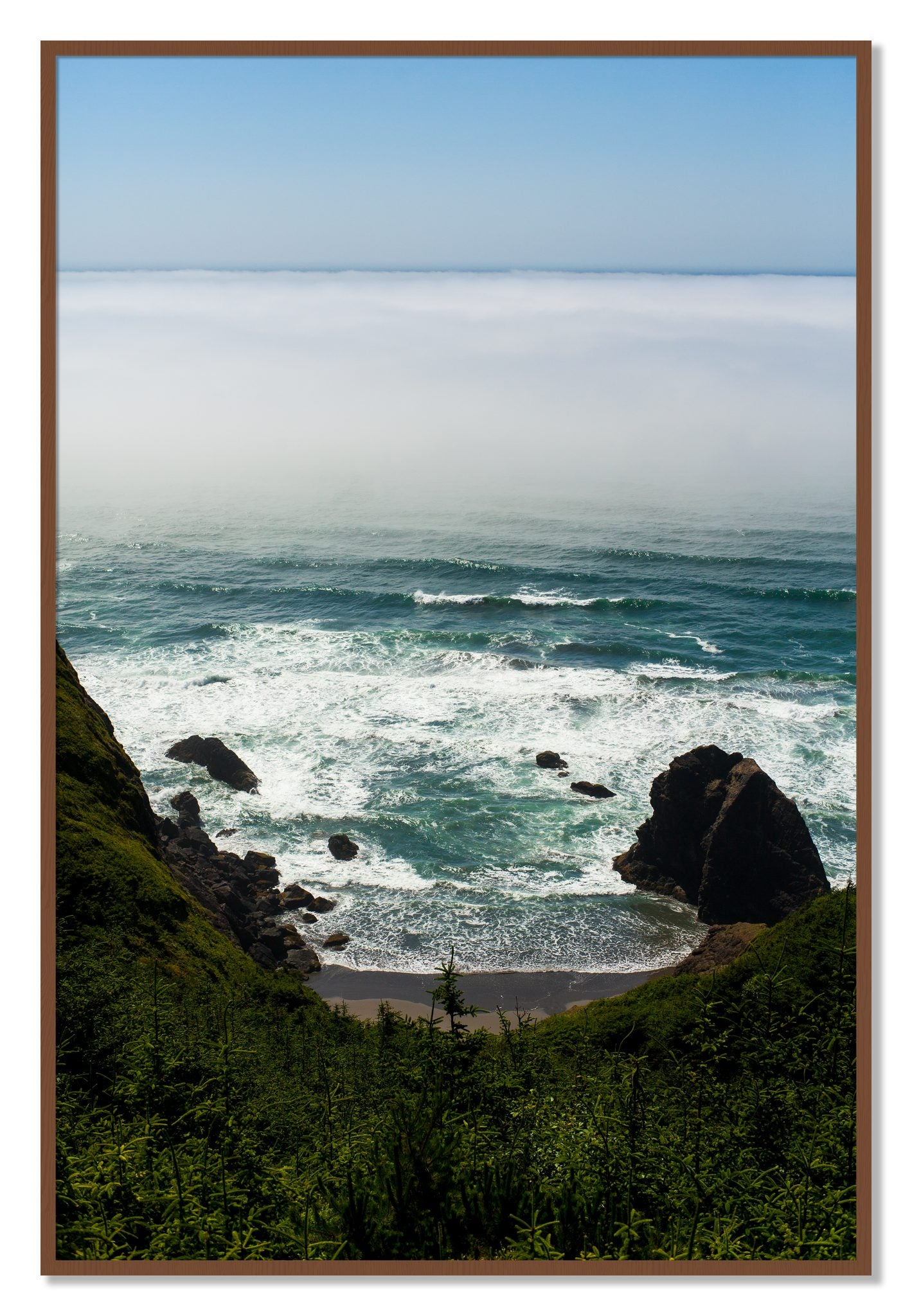 Framed photograph of Oregon Coast by Dylan Ozanich, Walnut frame, Full Bleed