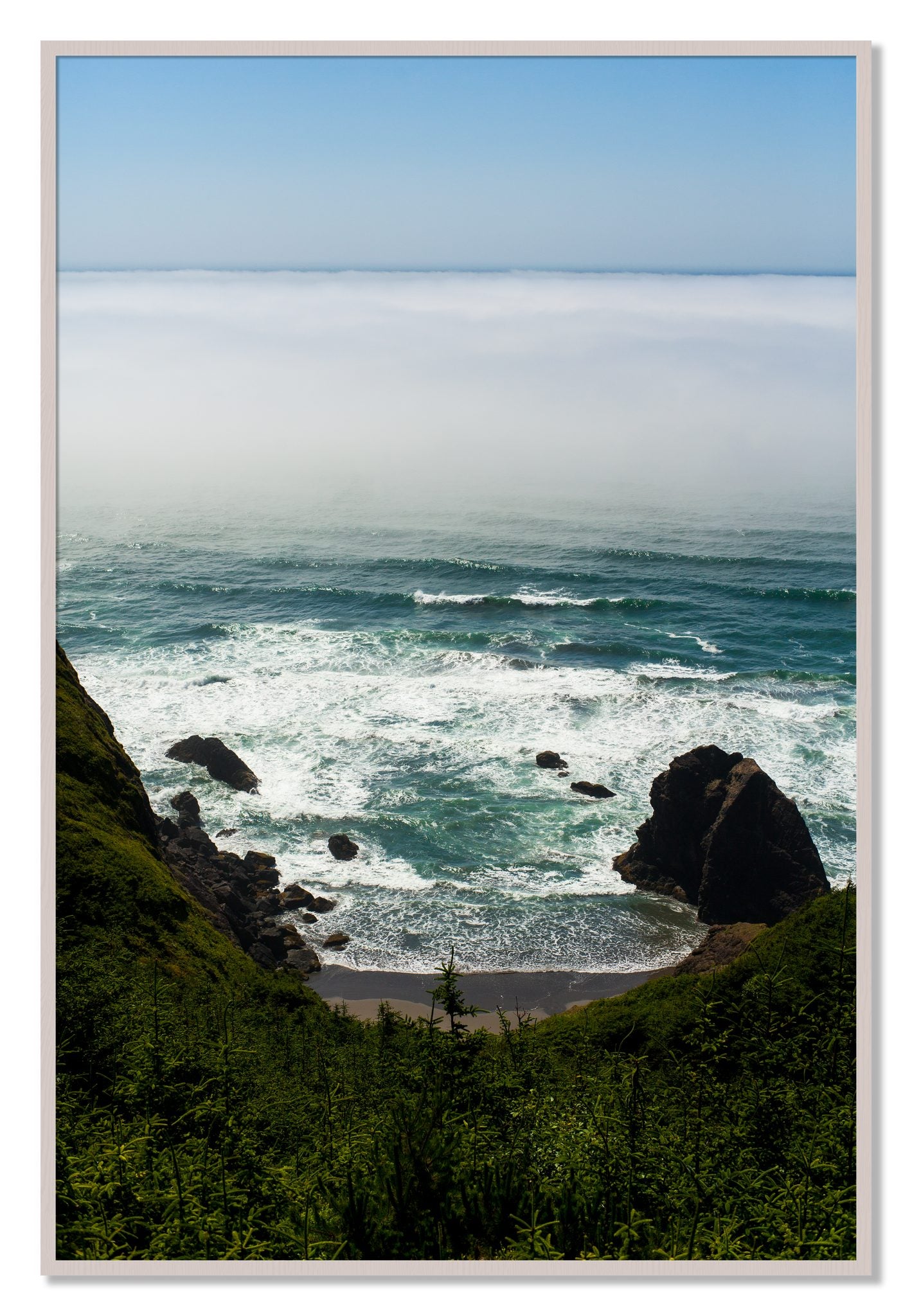 Framed photograph of Oregon Coast by Dylan Ozanich, White Maple frame, Full Bleed