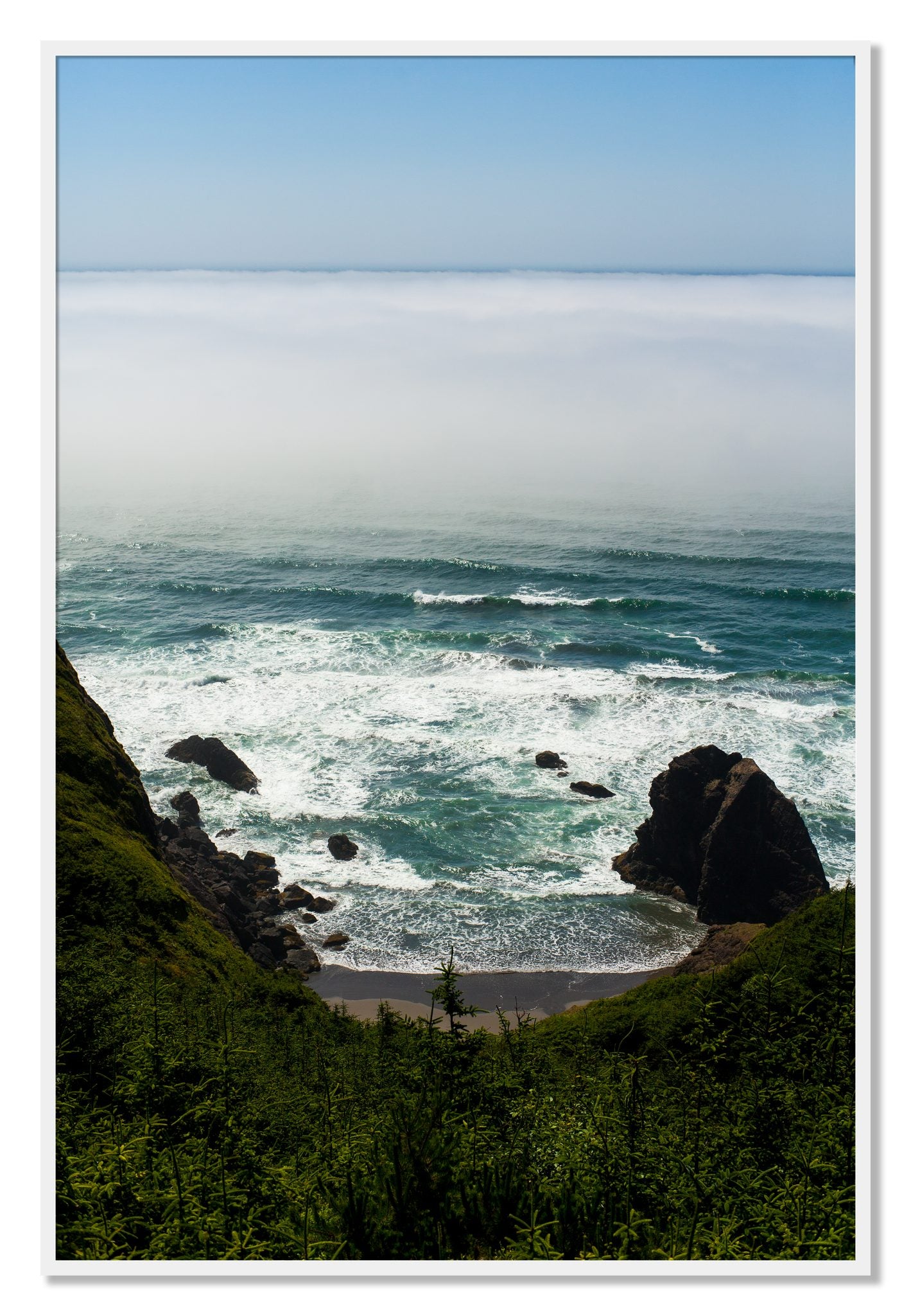 Framed photograph of Oregon Coast by Dylan Ozanich, White frame, Full Bleed