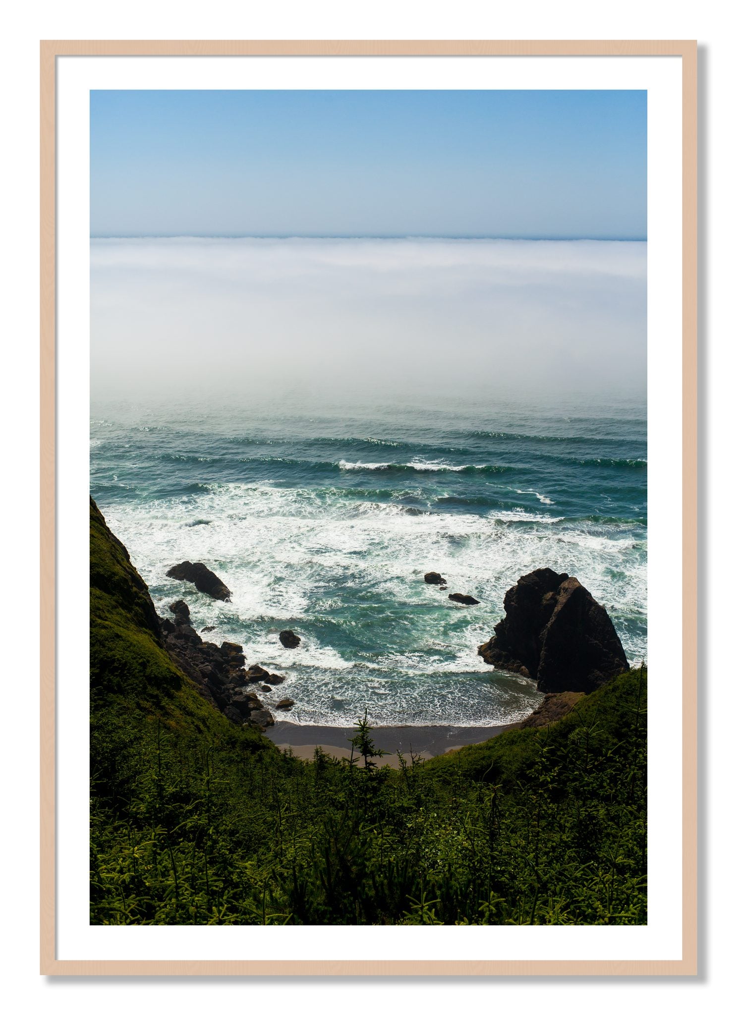 Framed photograph of Oregon Coast by Dylan Ozanich, Maple frame, Borders