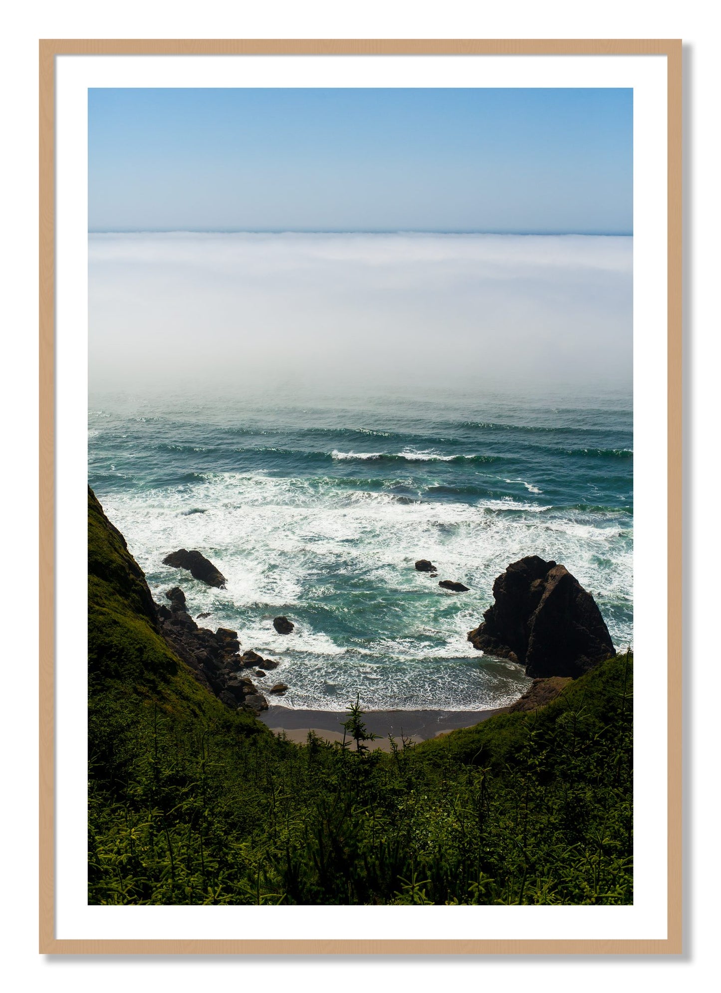 Framed photograph of Oregon Coast by Dylan Ozanich, Oak frame, Borders