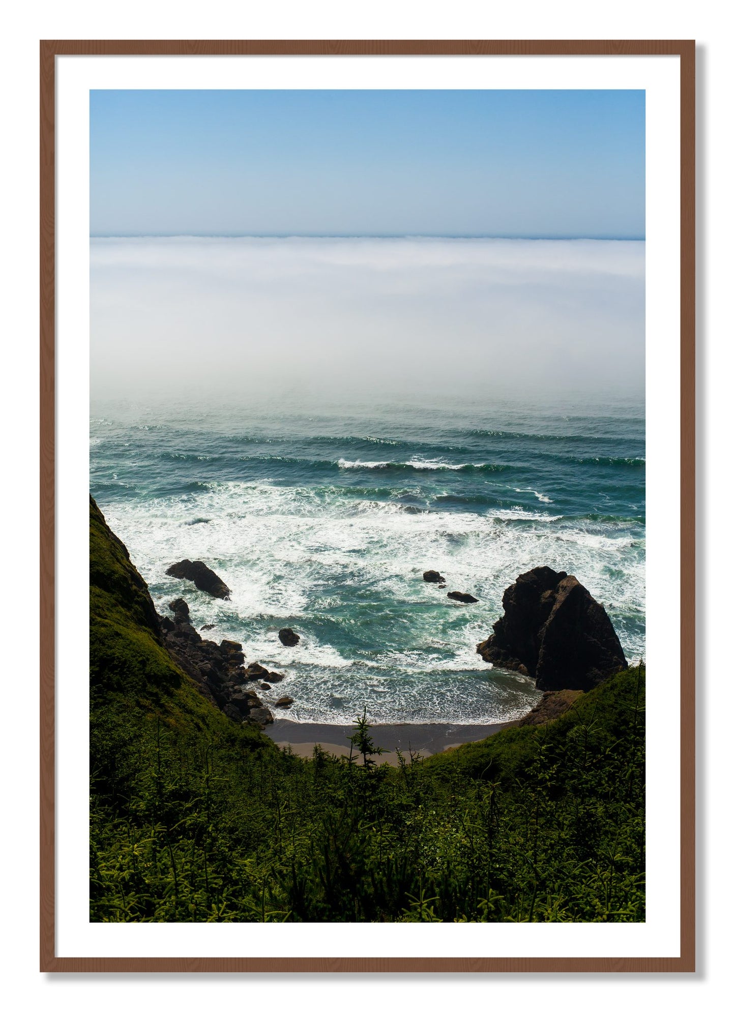 Framed photograph of Oregon Coast by Dylan Ozanich, Walnut frame, Borders