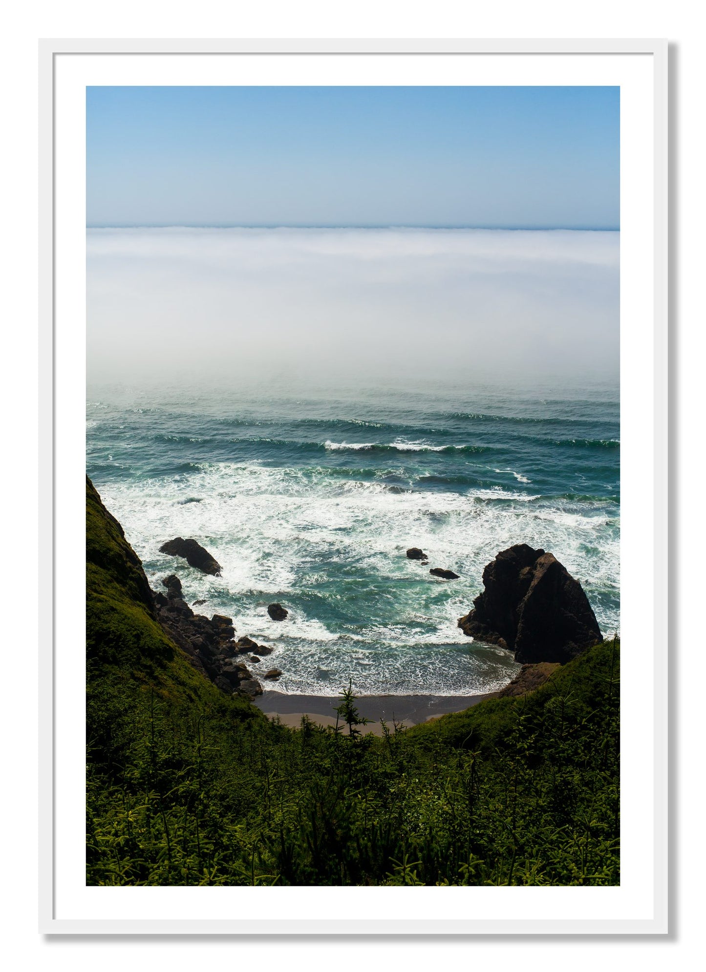 Framed photograph of Oregon Coast by Dylan Ozanich, White frame, Borders