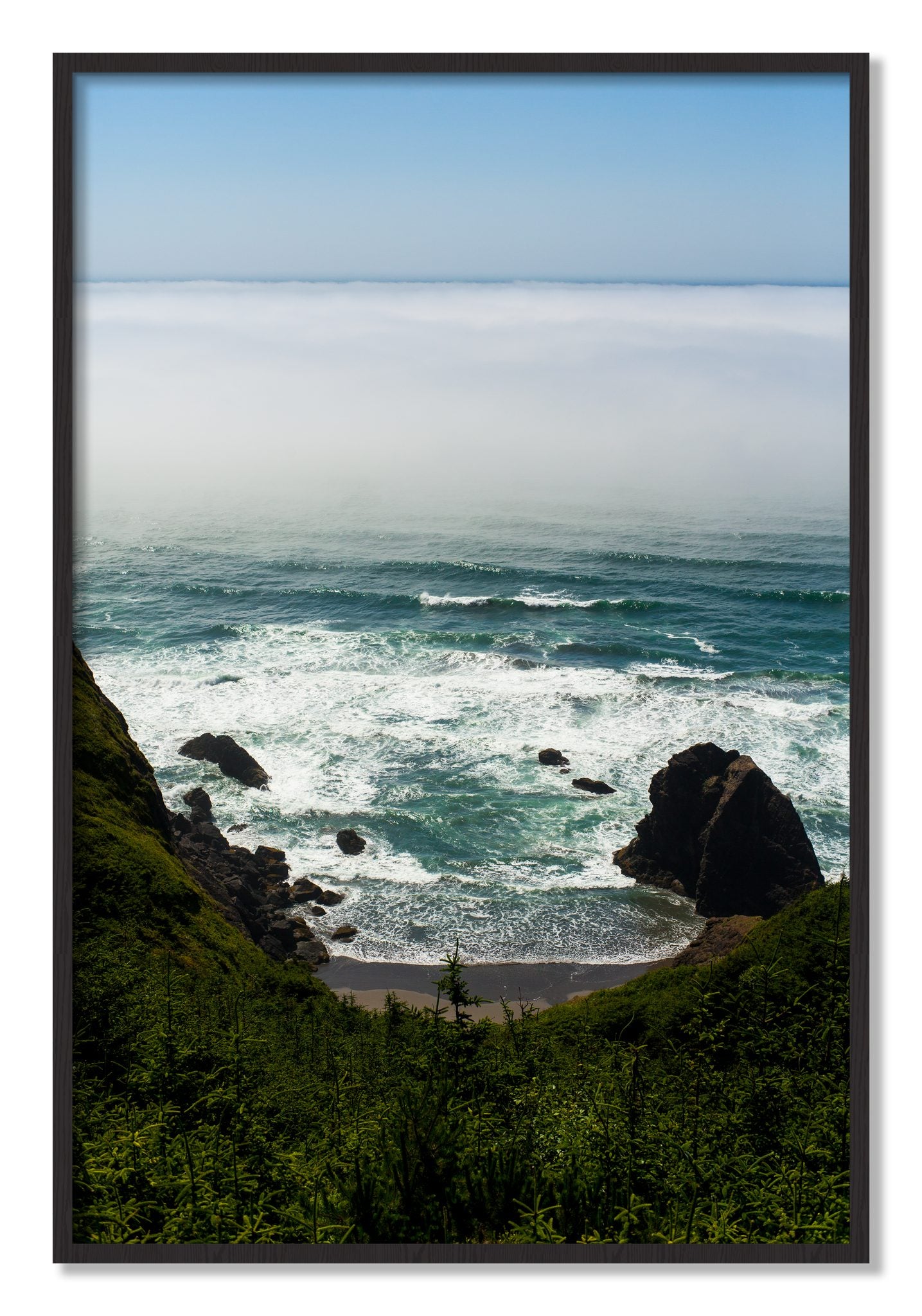 Framed photograph of Oregon Coast by Dylan Ozanich, Black Walnut frame, Full Bleed