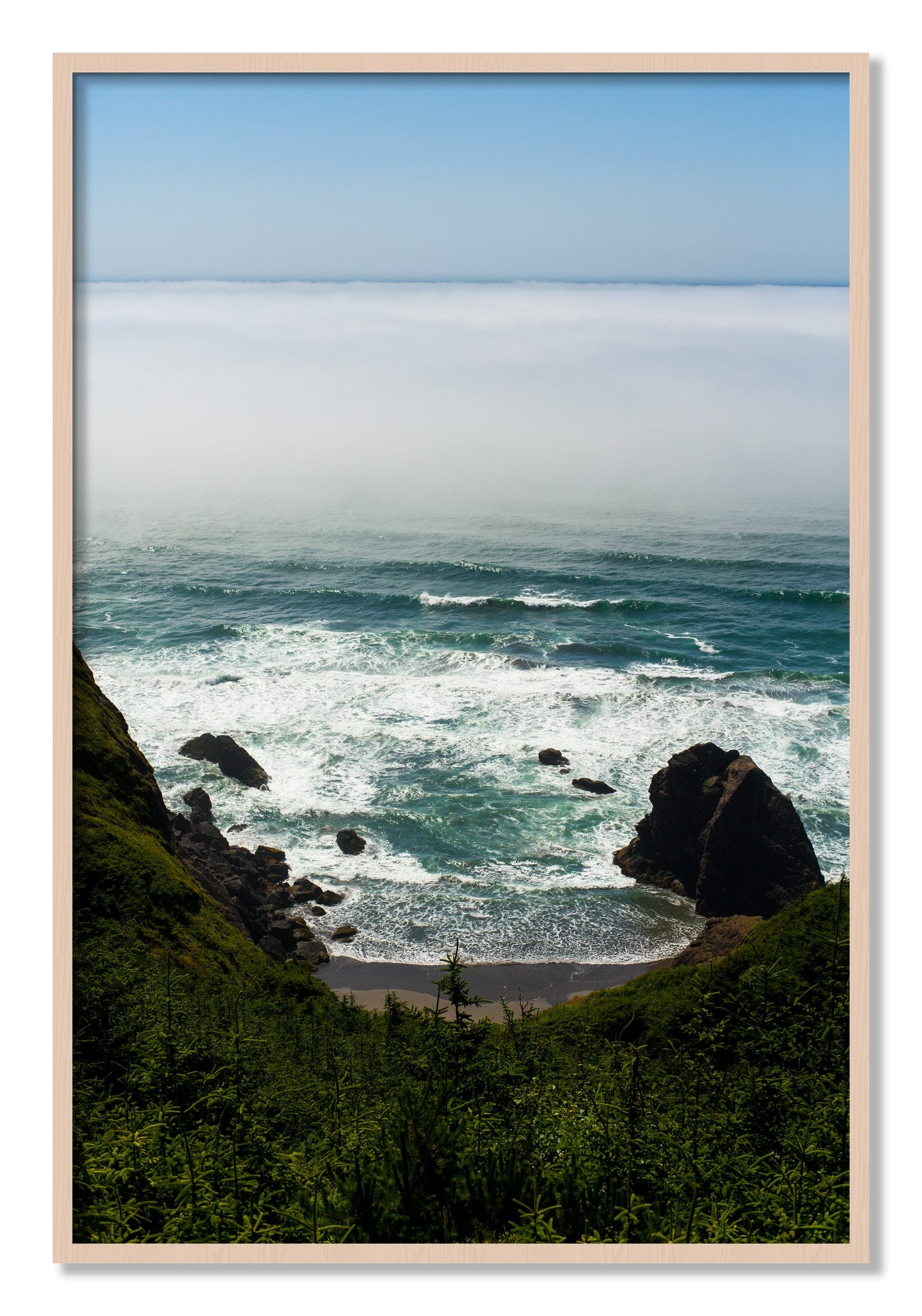 Framed photograph of Oregon Coast by Dylan Ozanich, Maple frame, Full Bleed