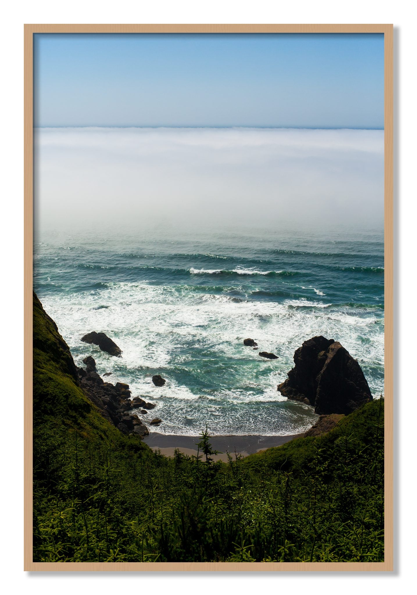 Framed photograph of Oregon Coast by Dylan Ozanich, Oak frame, Full Bleed