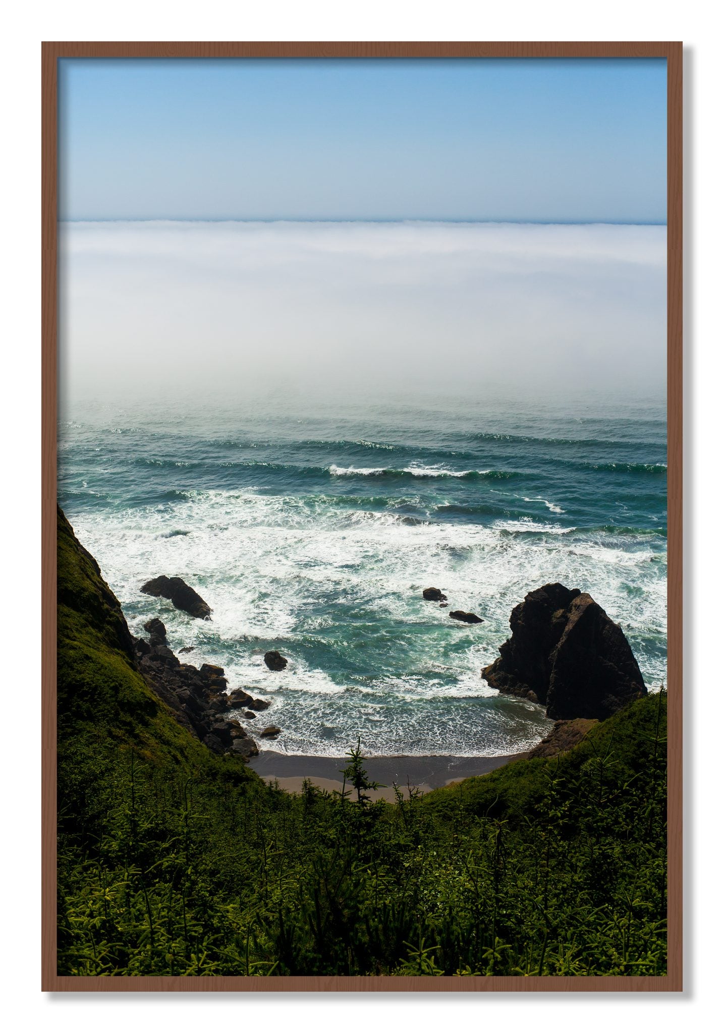 Framed photograph of Oregon Coast by Dylan Ozanich, Walnut frame, Full Bleed