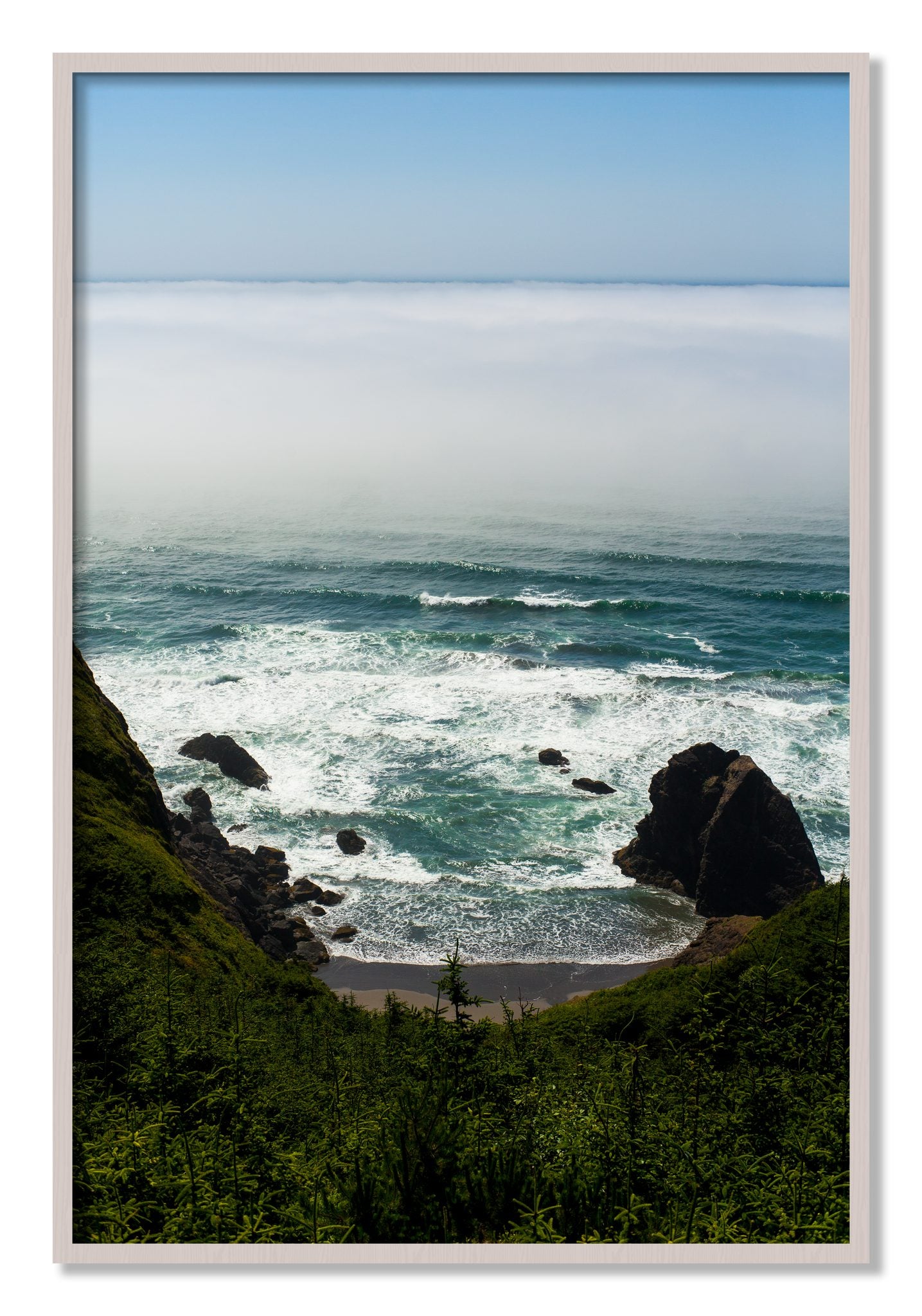 Framed photograph of Oregon Coast by Dylan Ozanich, White Maple frame, Full Bleed