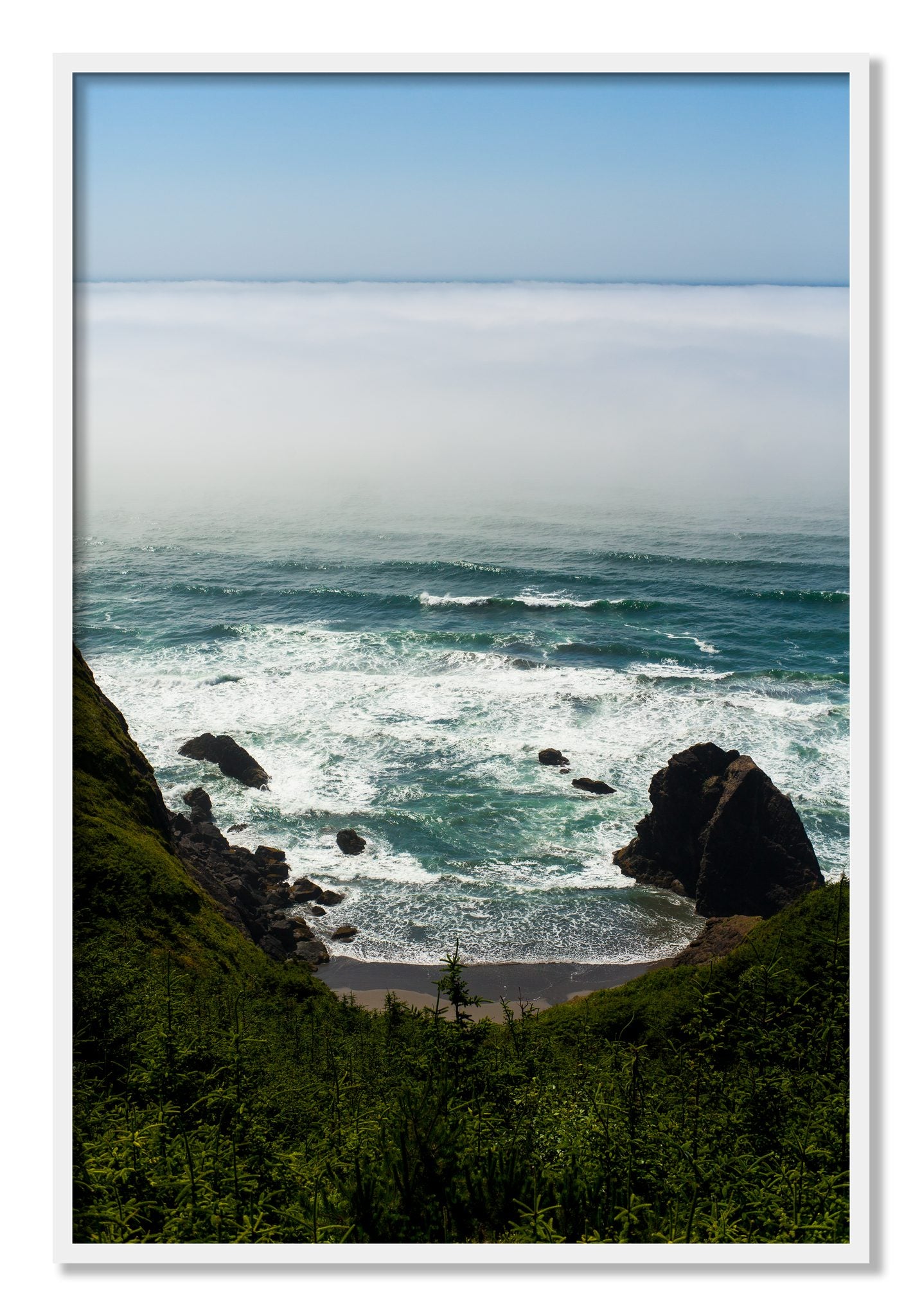 Framed photograph of Oregon Coast by Dylan Ozanich, White frame, Full Bleed