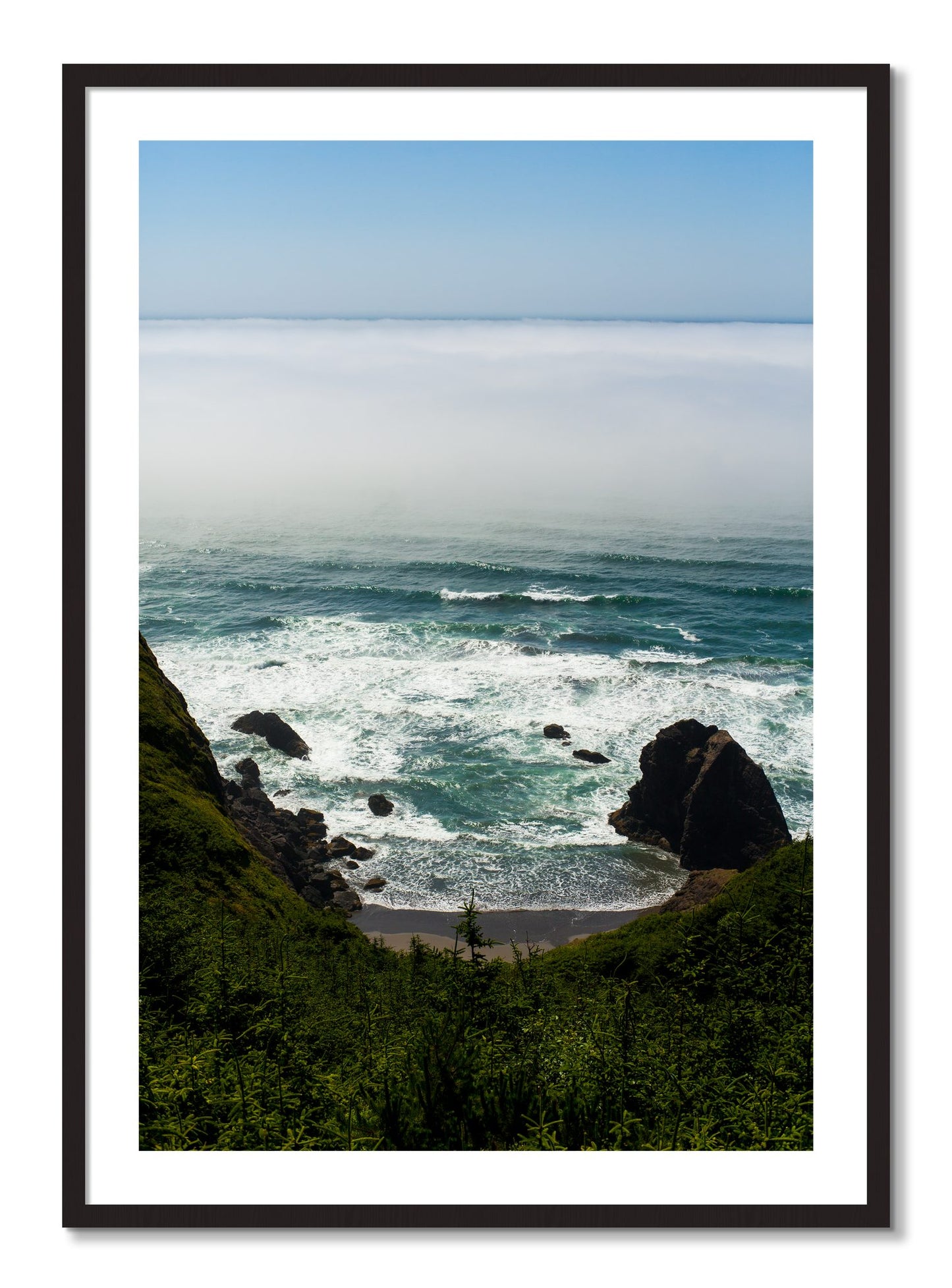 Framed photograph of Oregon Coast by Dylan Ozanich, Black Walnut frame, Borders