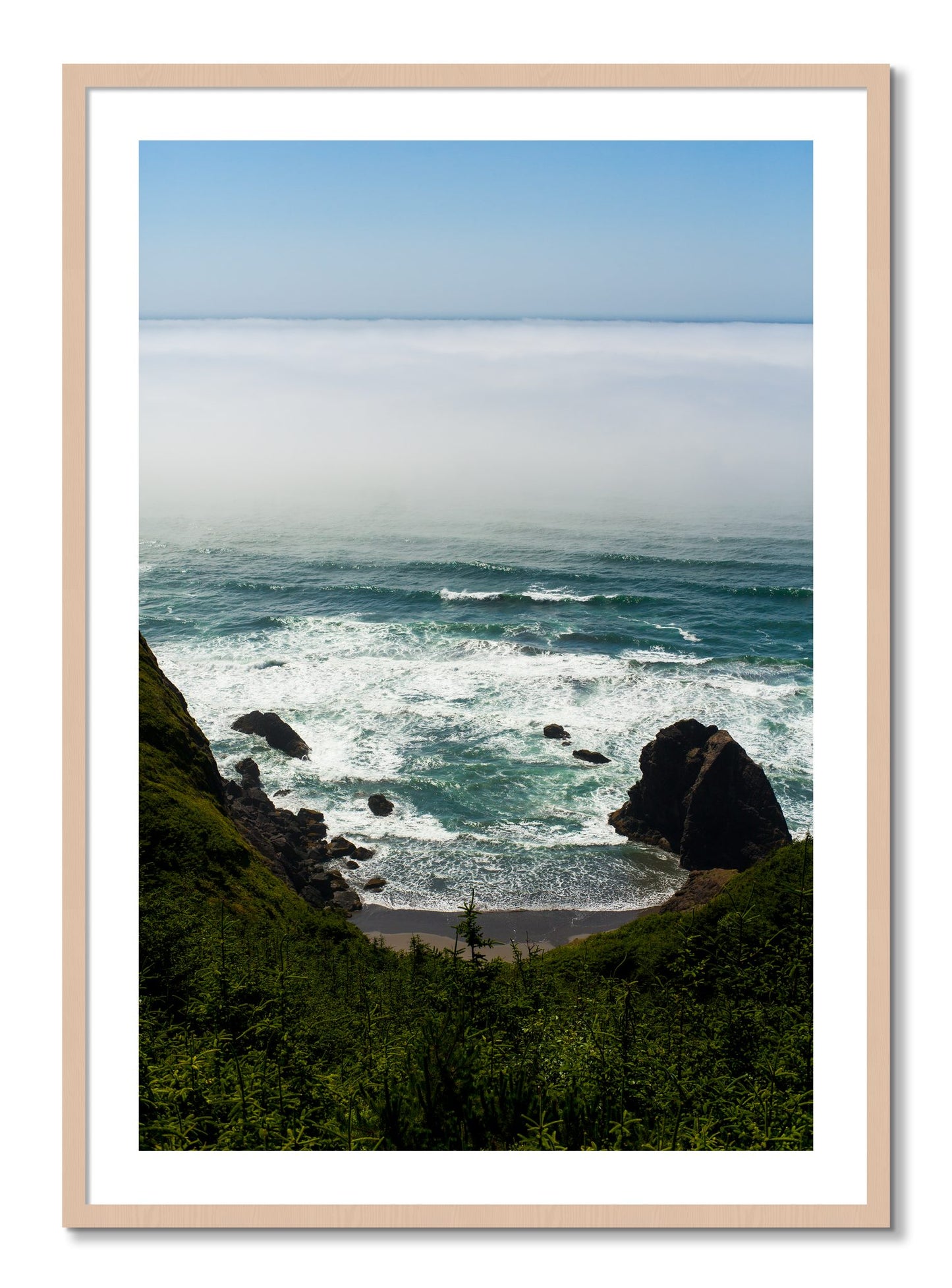 Framed photograph of Oregon Coast by Dylan Ozanich, Maple frame, Borders