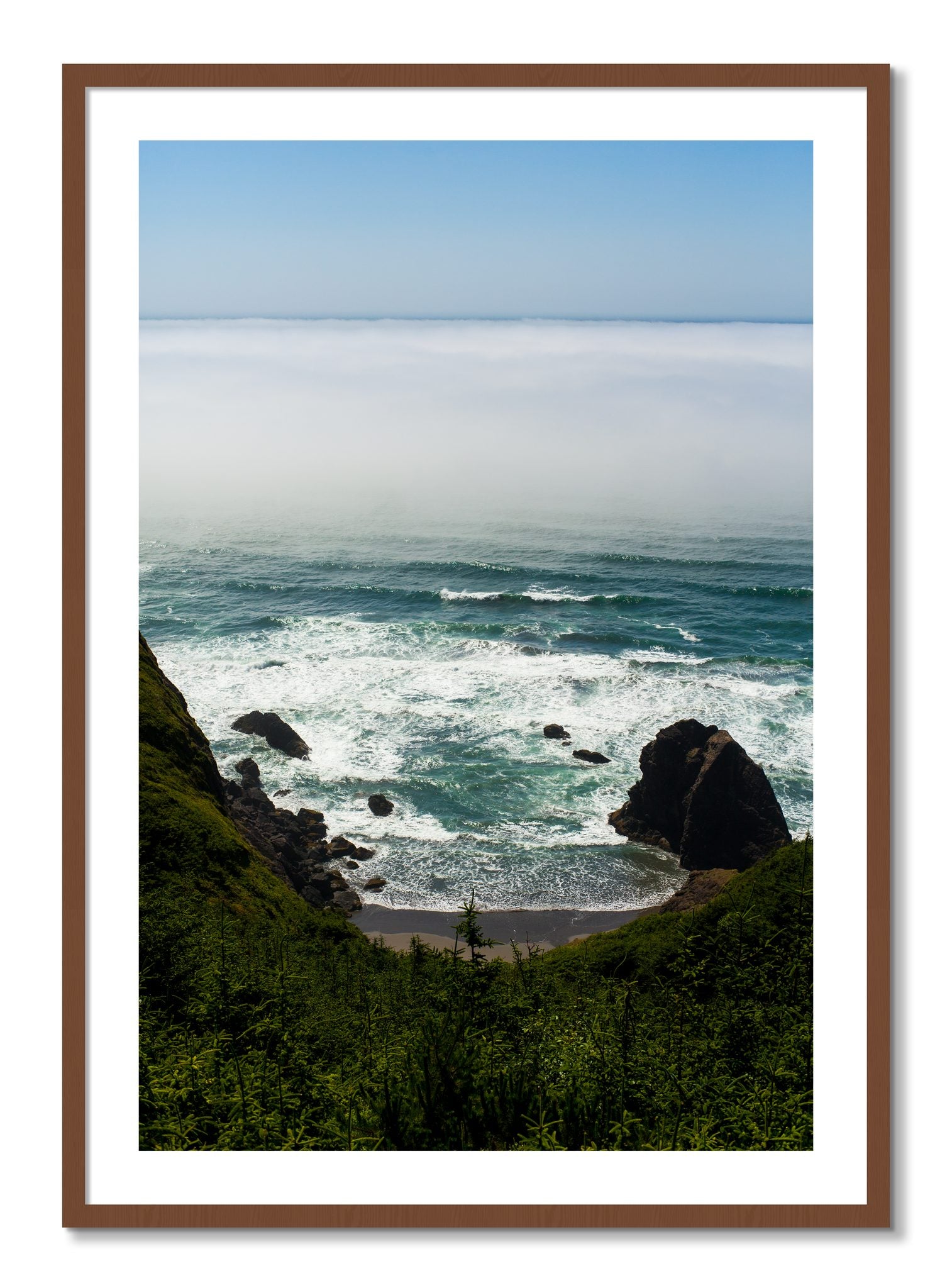Framed photograph of Oregon Coast by Dylan Ozanich, Walnut frame, Borders