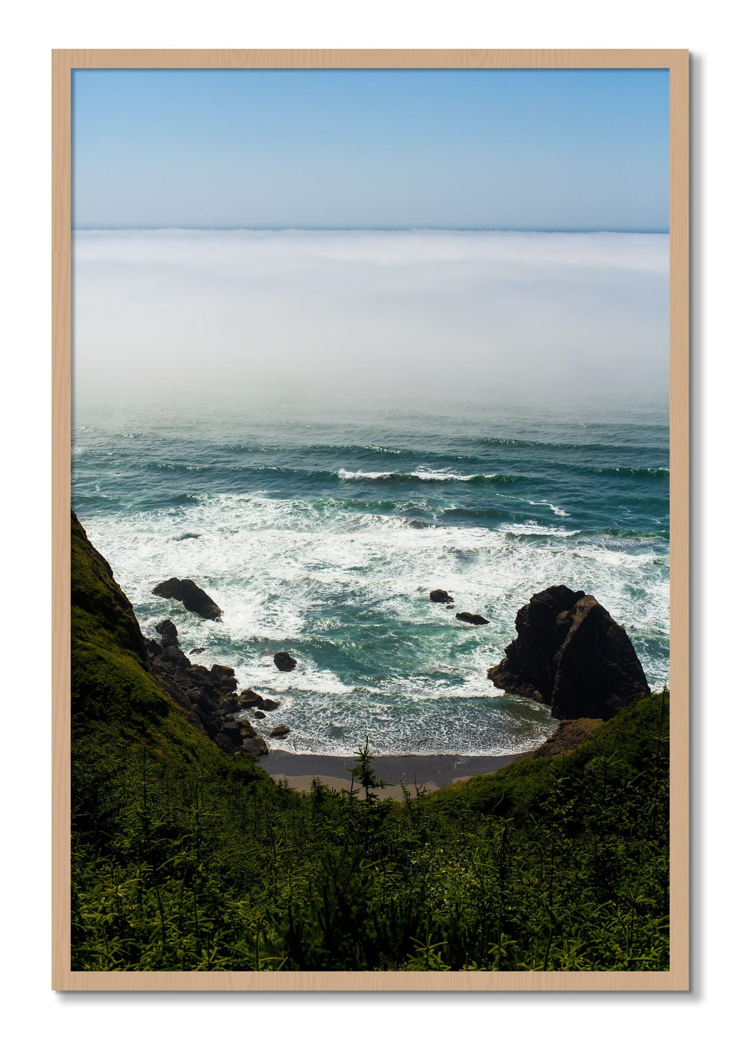 Framed photograph of Oregon Coast by Dylan Ozanich, Oak frame, Full Bleed