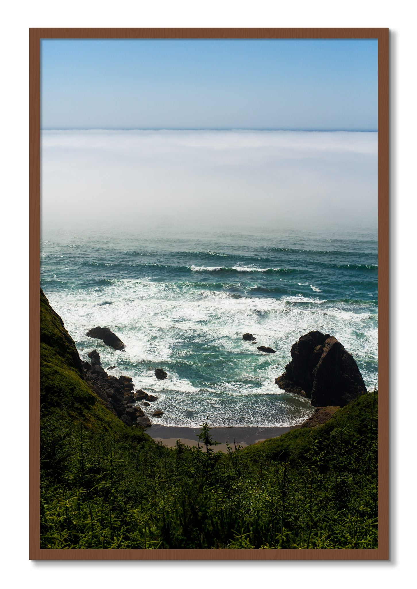 Framed photograph of Oregon Coast by Dylan Ozanich, Walnut frame, Full Bleed