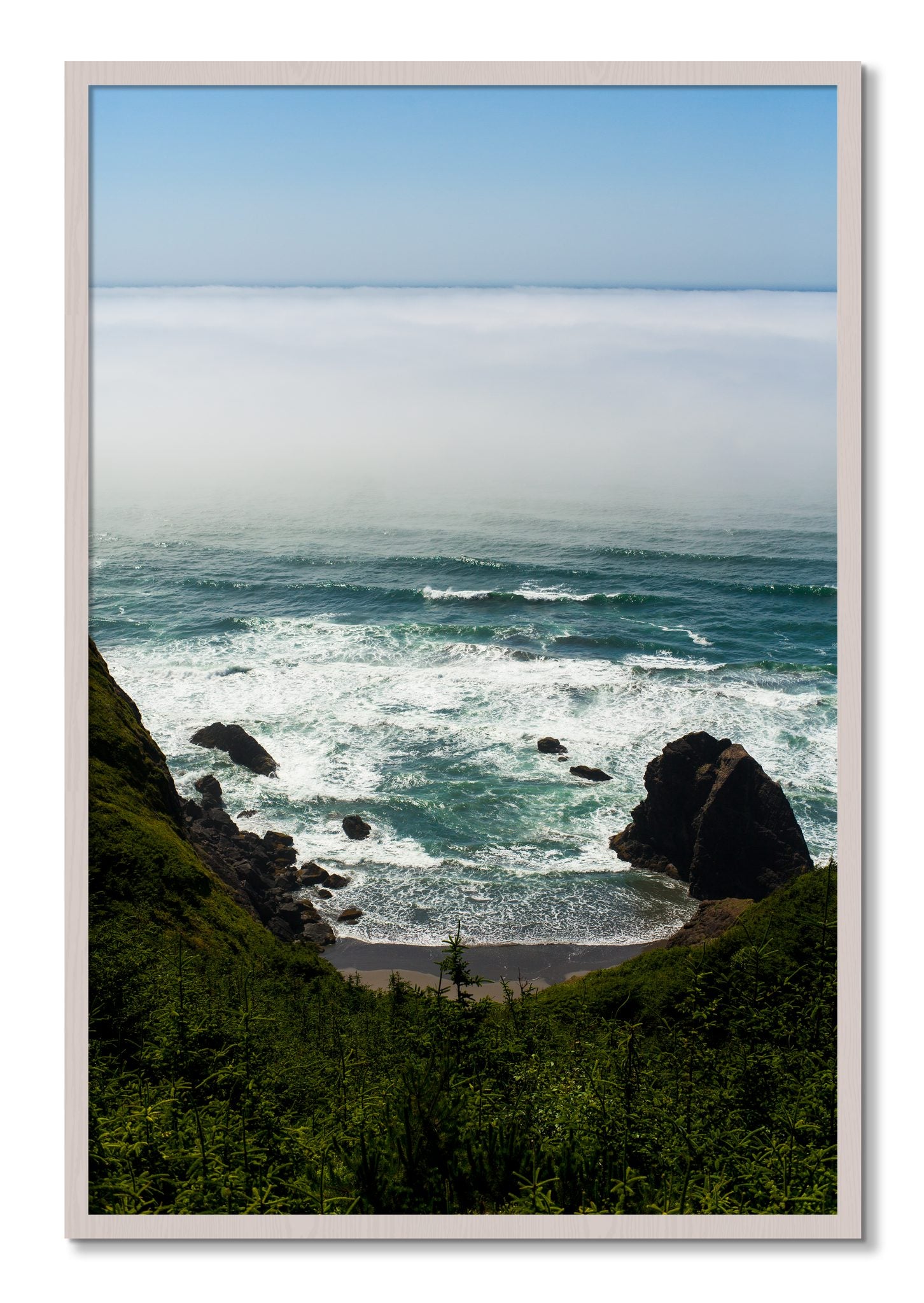 Framed photograph of Oregon Coast by Dylan Ozanich, White Maple frame, Full Bleed