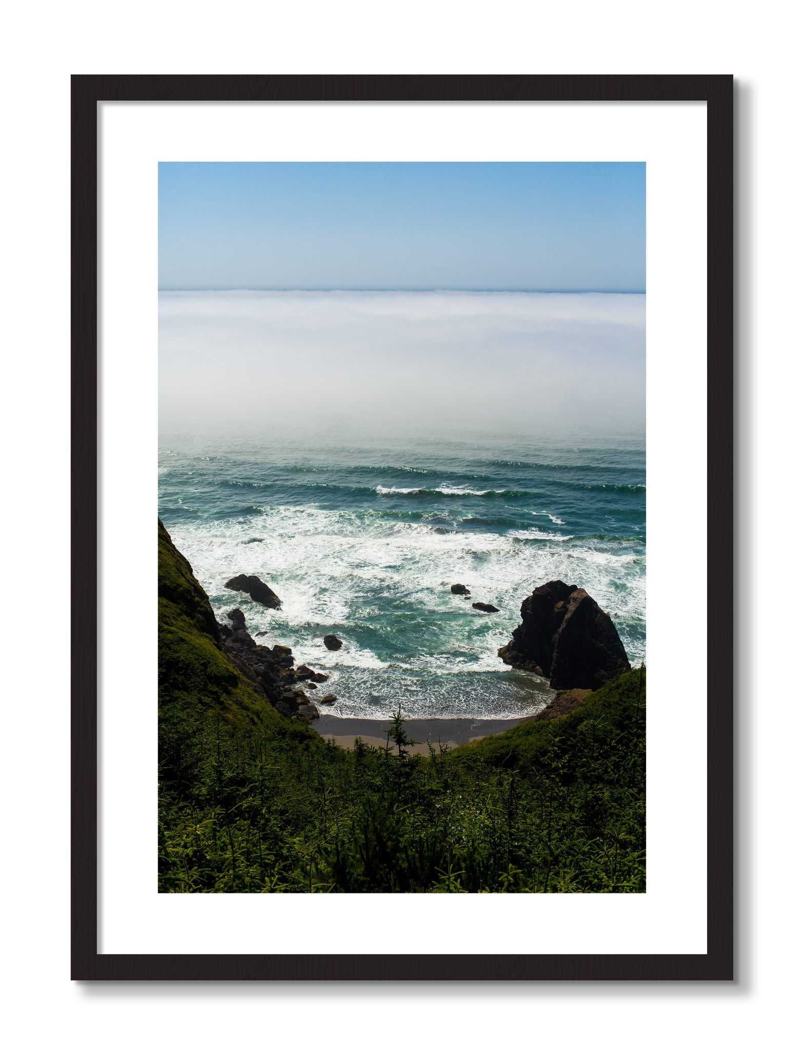 Framed photograph of Oregon Coast by Dylan Ozanich, Black Walnut frame, Borders