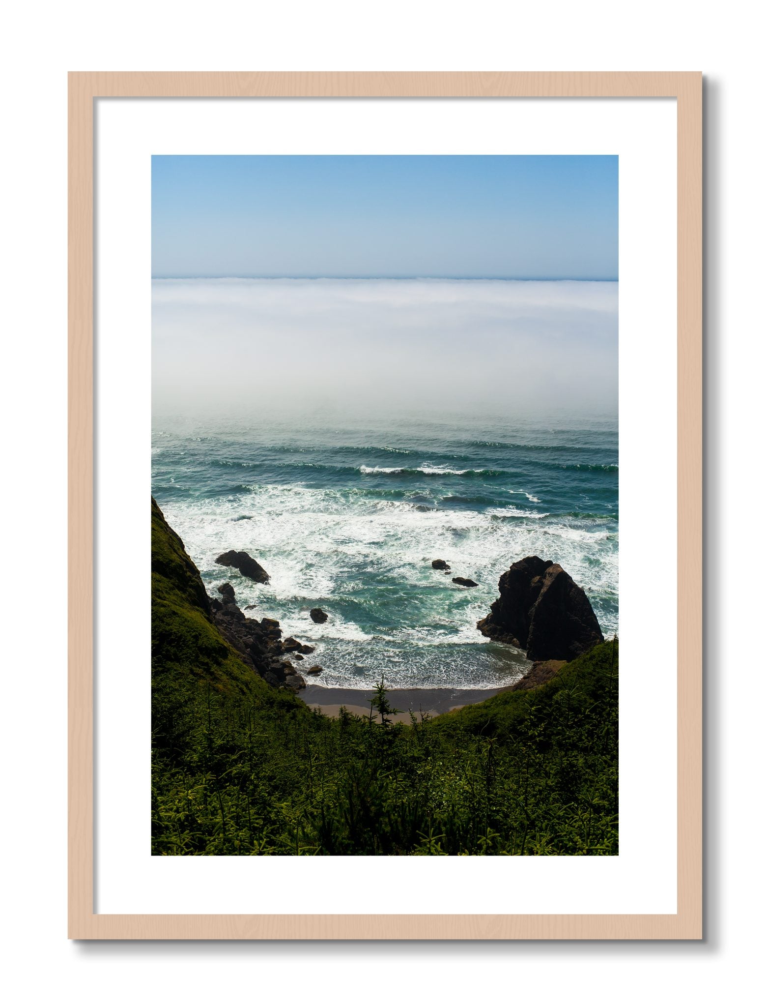 Framed photograph of Oregon Coast by Dylan Ozanich, Maple frame, Borders