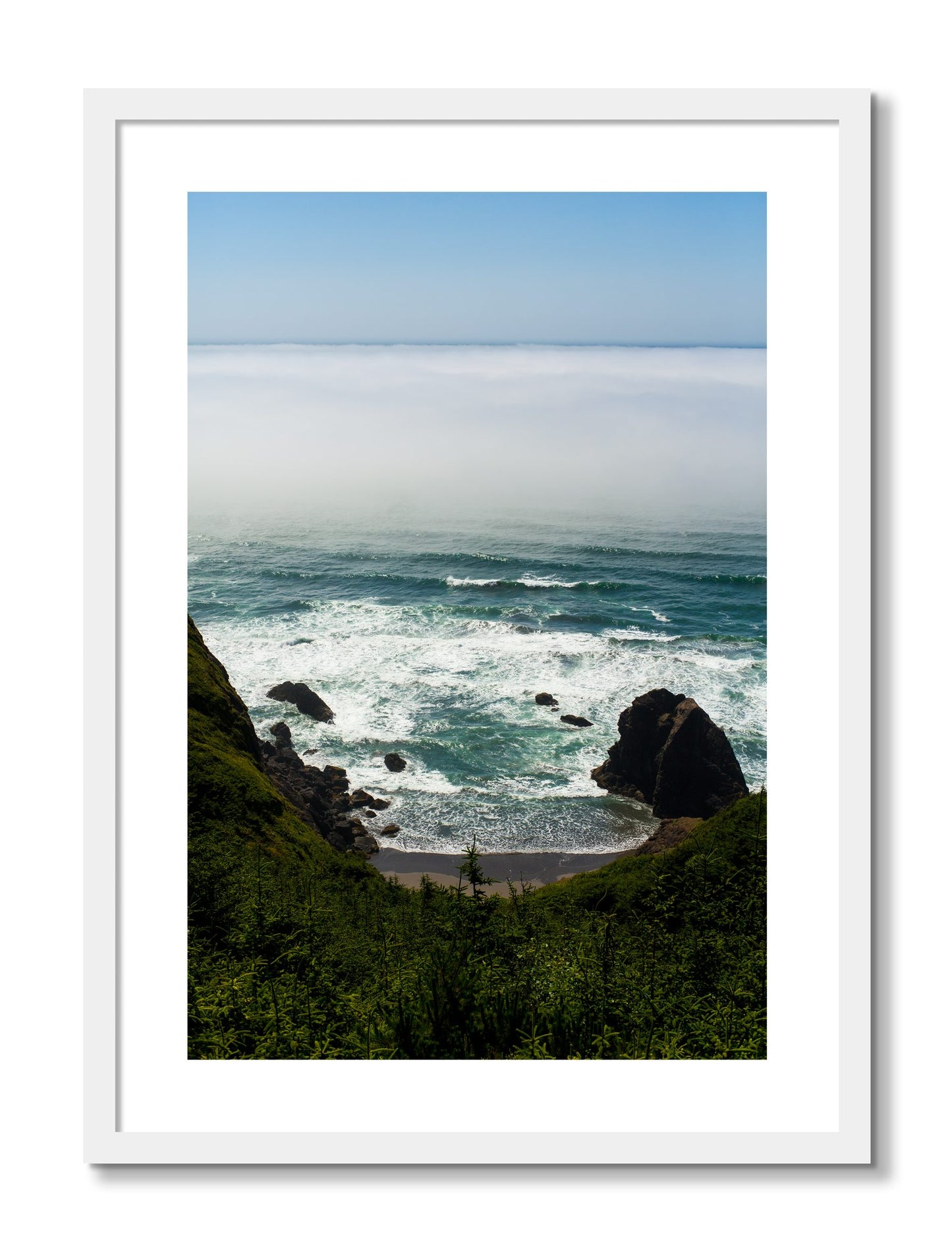 Framed photograph of Oregon Coast by Dylan Ozanich, White frame, Borders