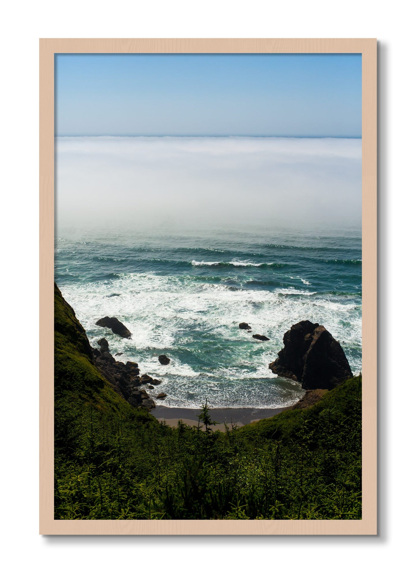 Framed photograph of Oregon Coast by Dylan Ozanich, Maple frame, Full Bleed