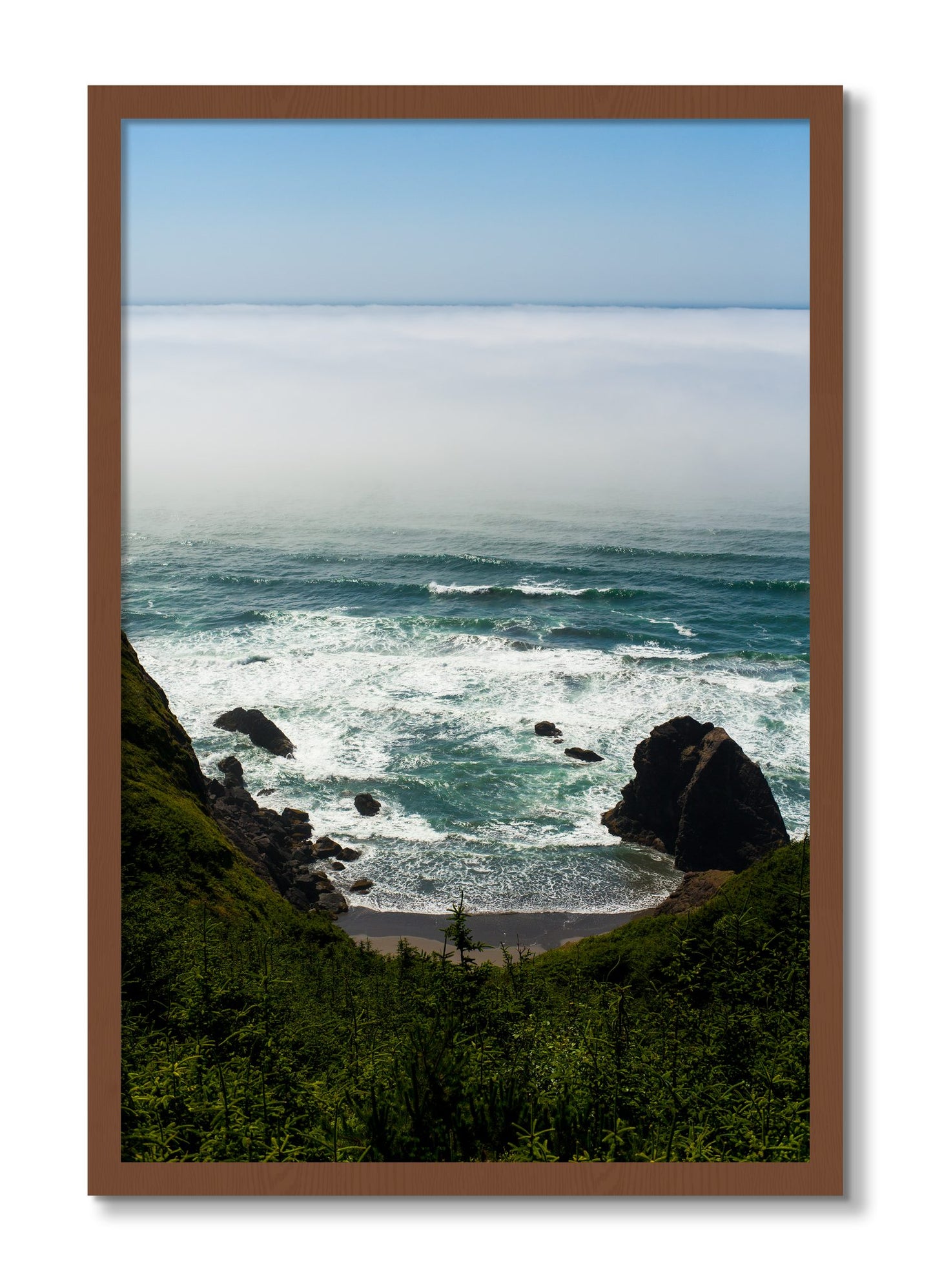 Framed photograph of Oregon Coast by Dylan Ozanich, Walnut frame, Full Bleed