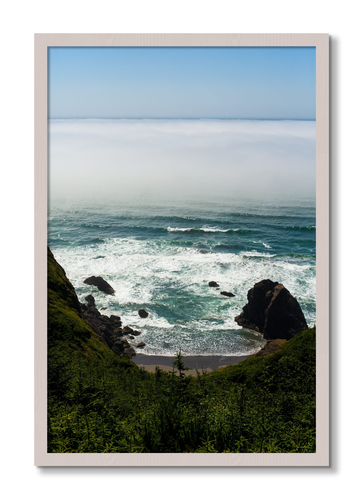 Framed photograph of Oregon Coast by Dylan Ozanich, White Maple frame, Full Bleed