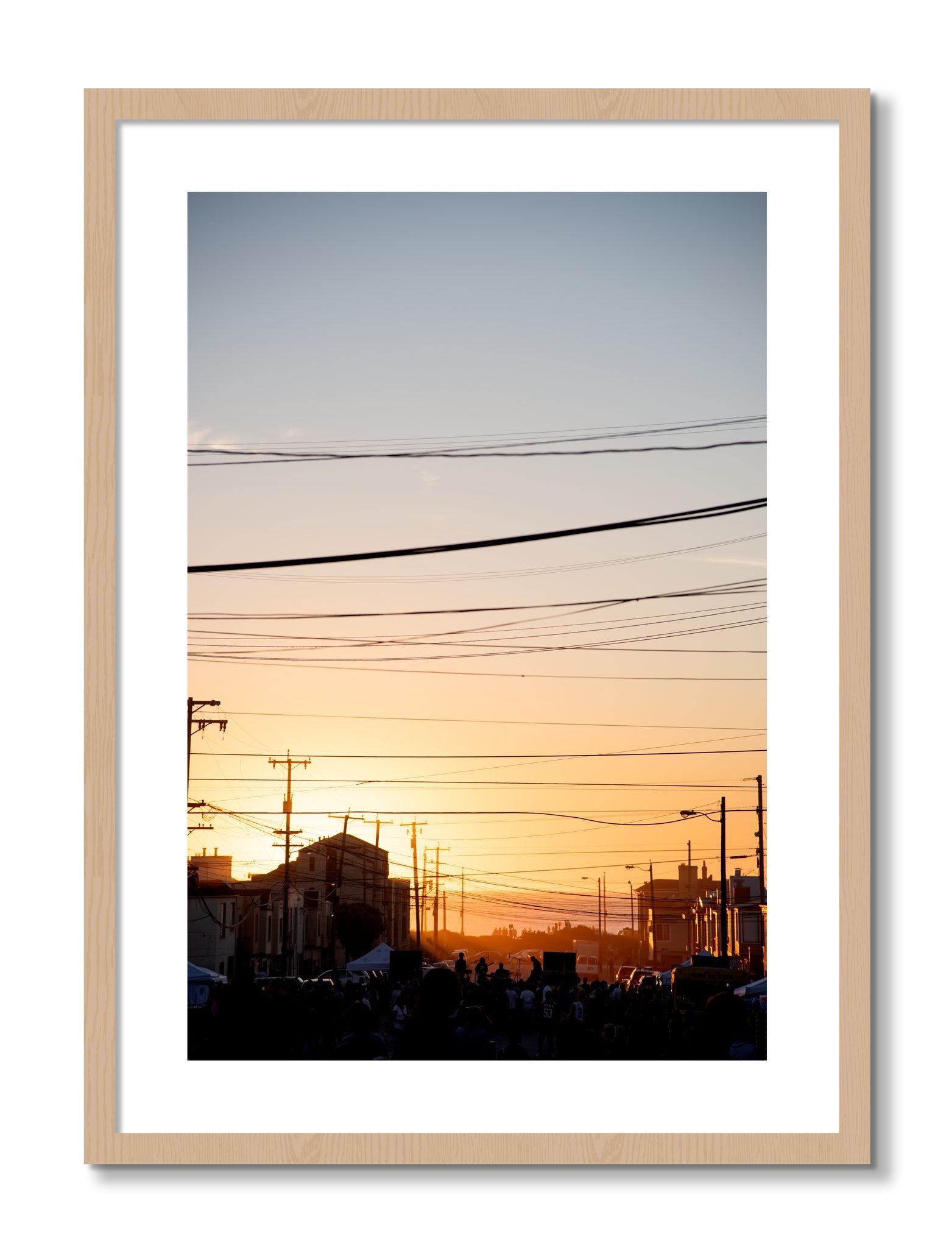 Framed photograph of Outer Sunset San Francisco by Dylan Ozanich, Oak frame, Borders