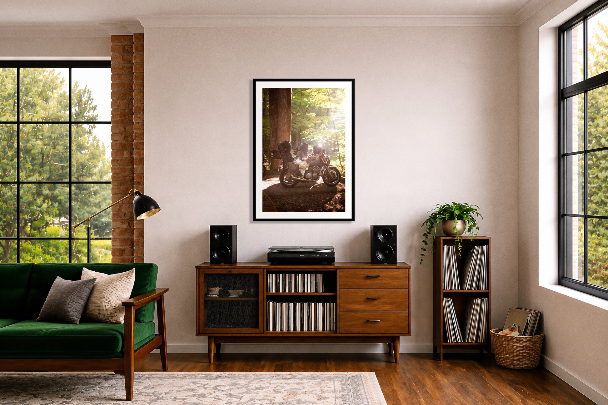 Pack Up And Go by Dylan Ozanich in a Black frame, above a record credenza in a listening room with a green velvet sofa