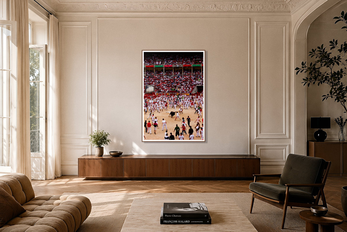 Panploma by Dylan Ozanich in a Walnut frame, on a paneled wall above a walnut credenza in a Parisian apartment