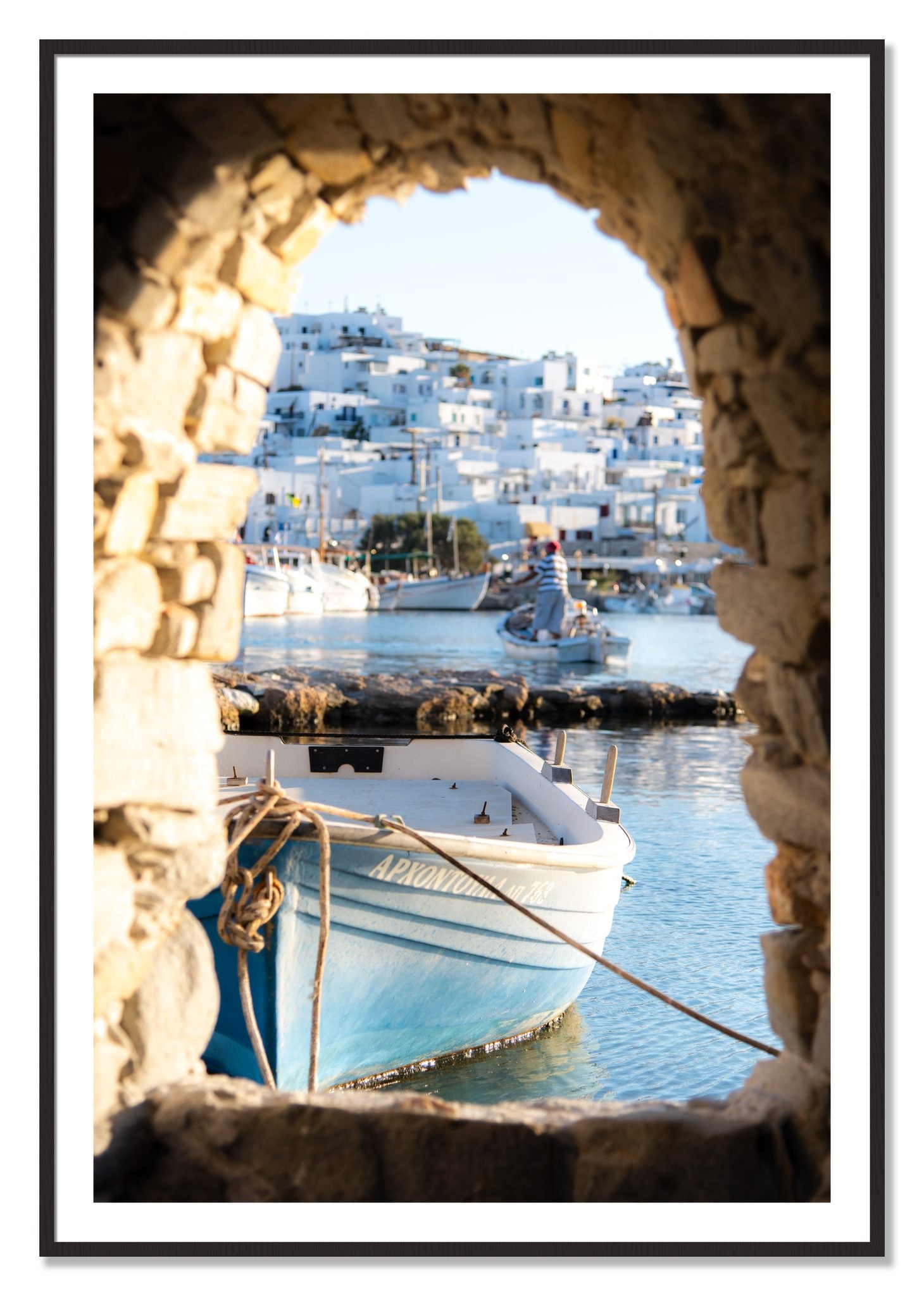 Framed photograph of Paros Greece by Dylan Ozanich, Black Walnut frame, Borders